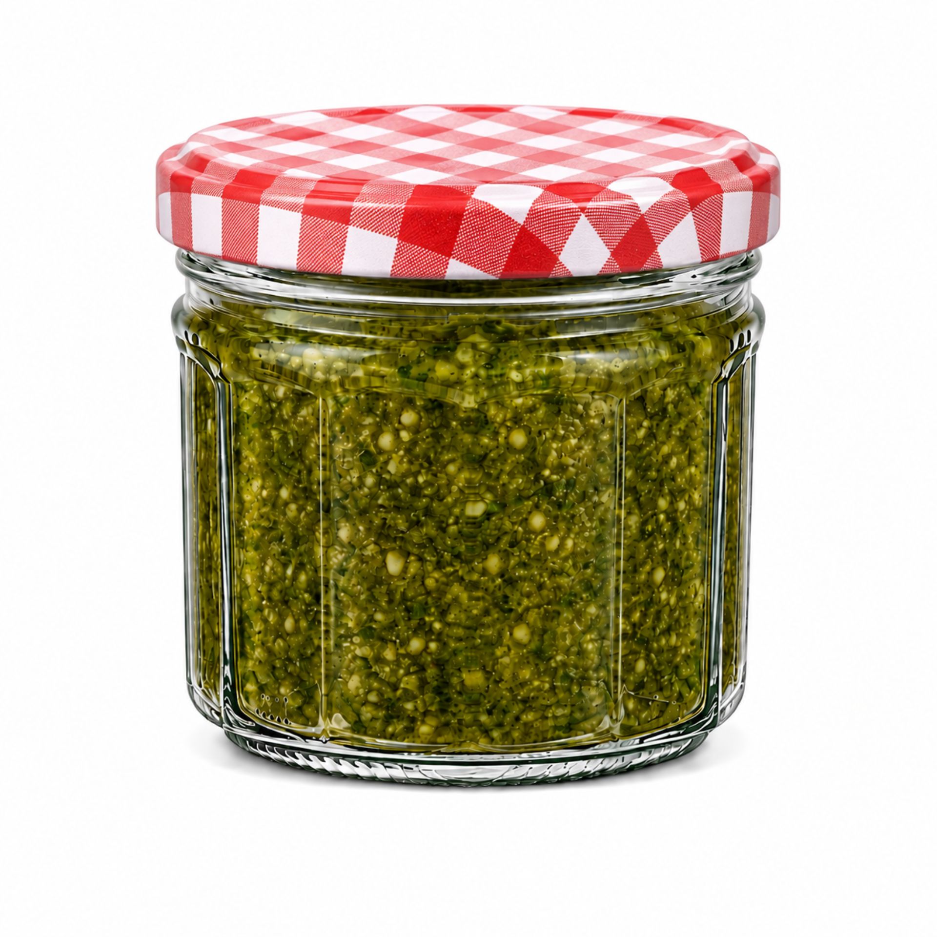 Vier transparente, leere Gläser mit facettierter Oberfläche und einem Fassungsvermögen von 240 ml stehen nebeneinander auf weißem Hintergrund.