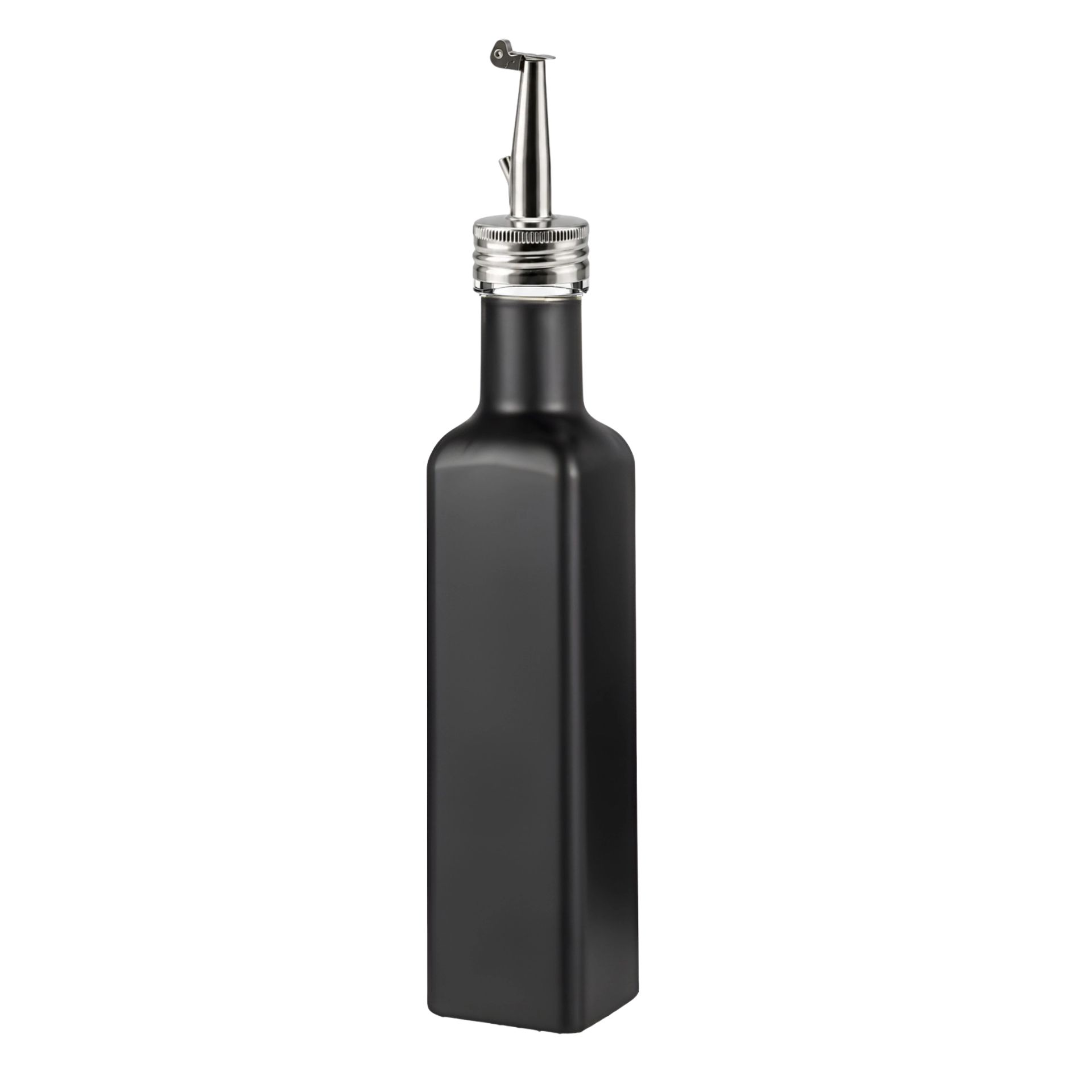 Schwarze Edelstahl-Thermoflasche in zylindrischer Form mit abgerundeter Kappe, stehend vor neutralem Hintergrund.