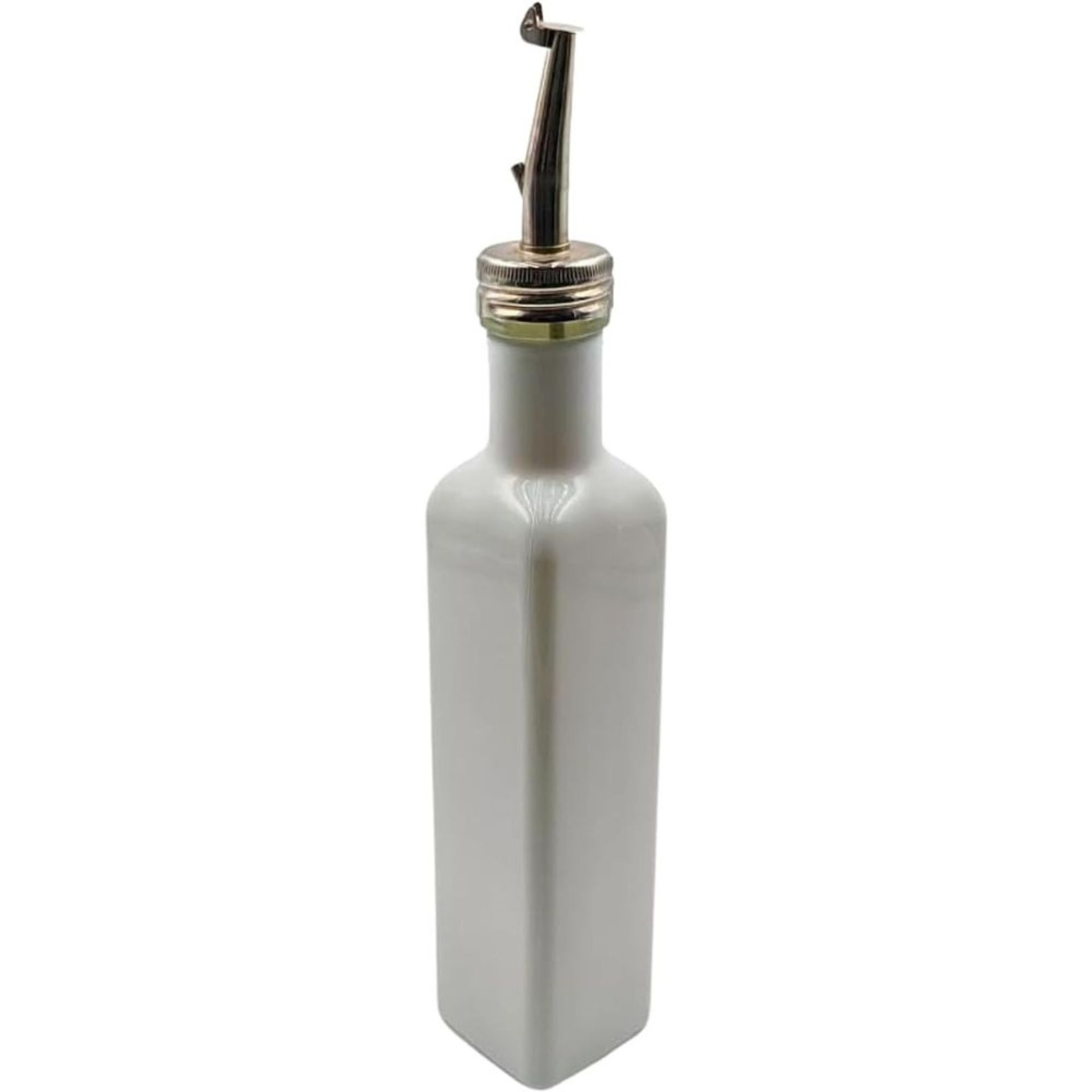 Weiße Edelstahlflasche mit silbernem Schraubverschluss, stehend vor neutralem Hintergrund, spiegelt minimal Licht auf der Oberfläche.
