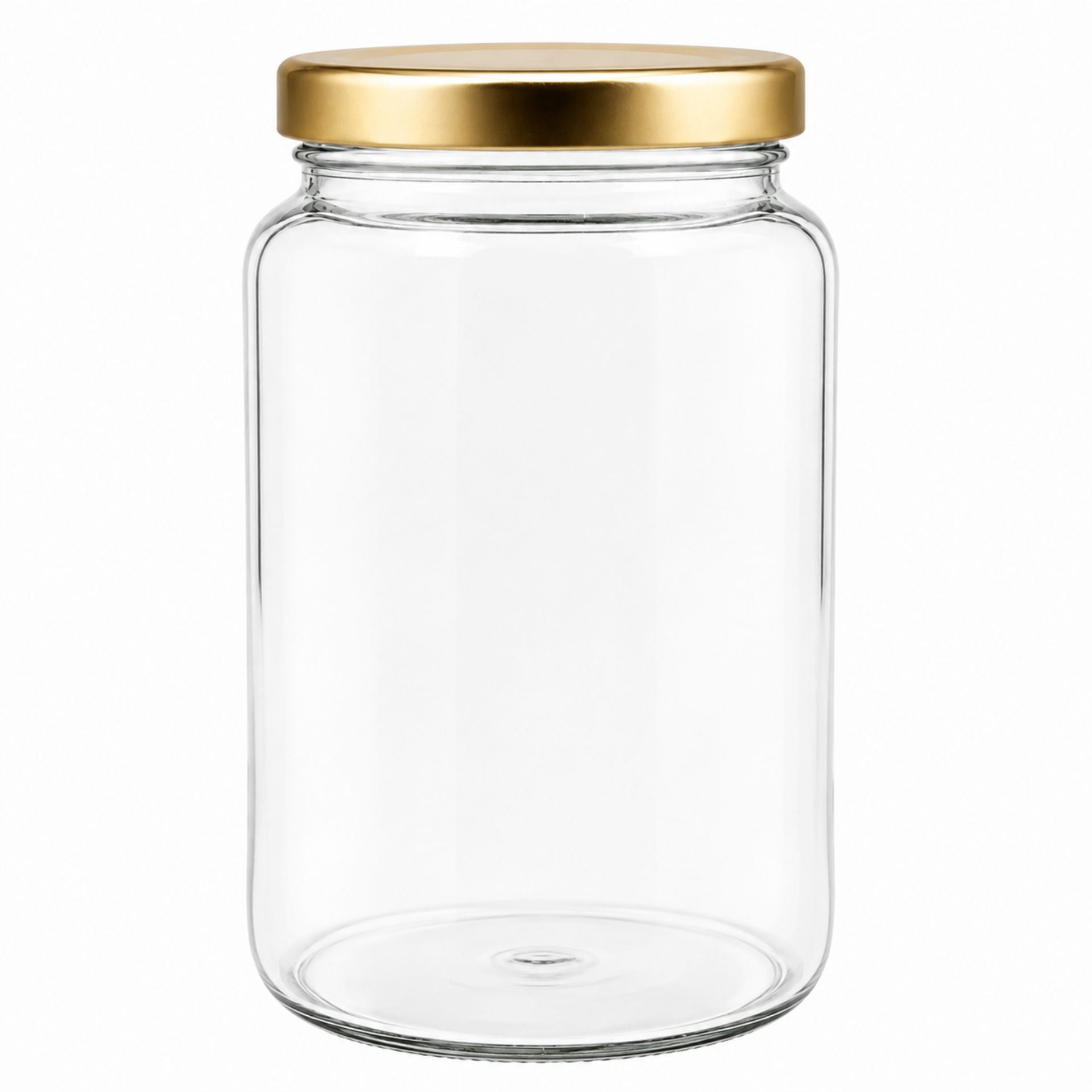 Großes Einmachglas aus Klarglas mit 1700 ml Fassungsvermögen, zylindrische Form, goldfarbener Twist-Off-Deckel, stehend auf weißem Hintergrund.