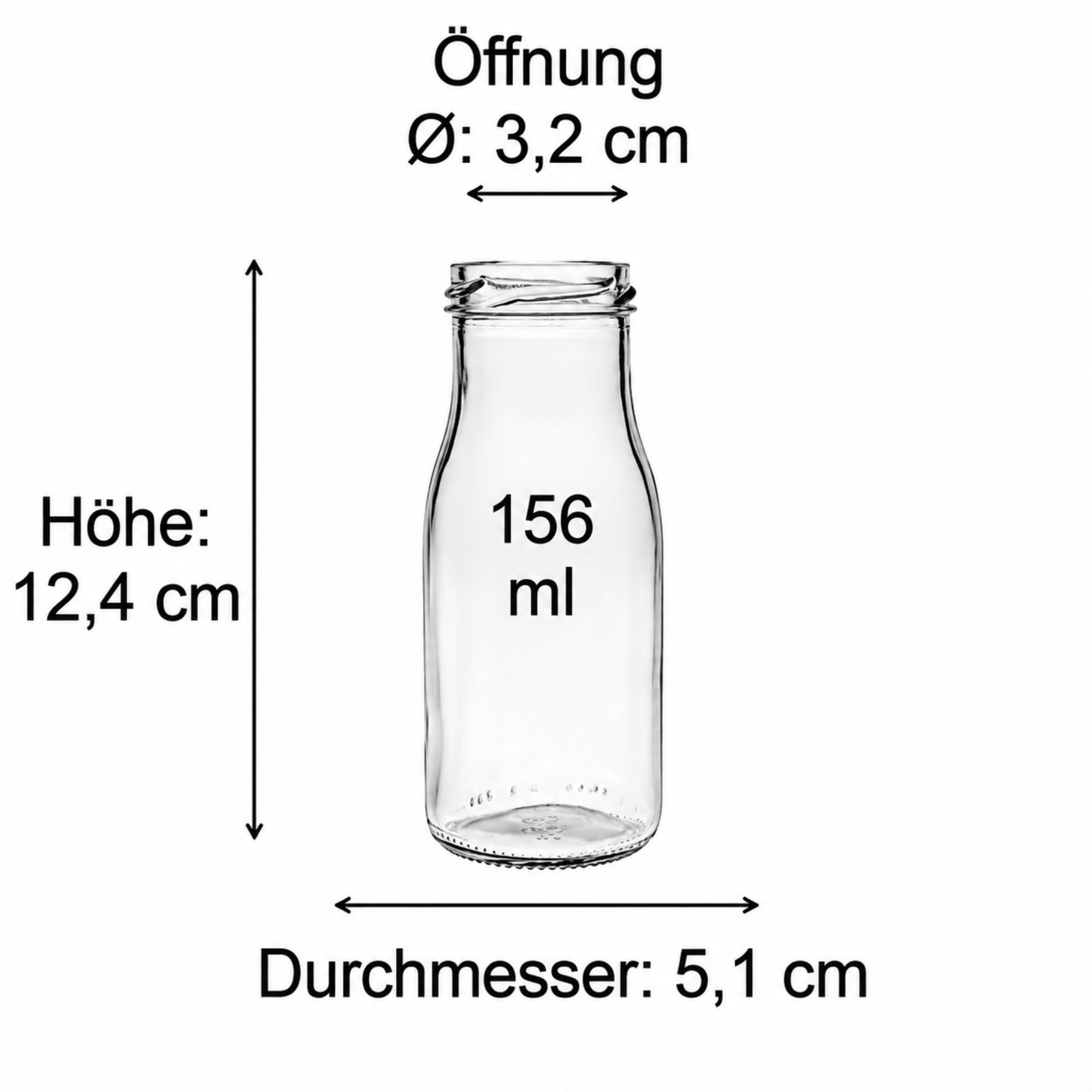Milchflasche 156 ml aus Glas mit aufgedrucktem Maßstab, Ansicht der leeren Flasche vor weißem Hintergrund.