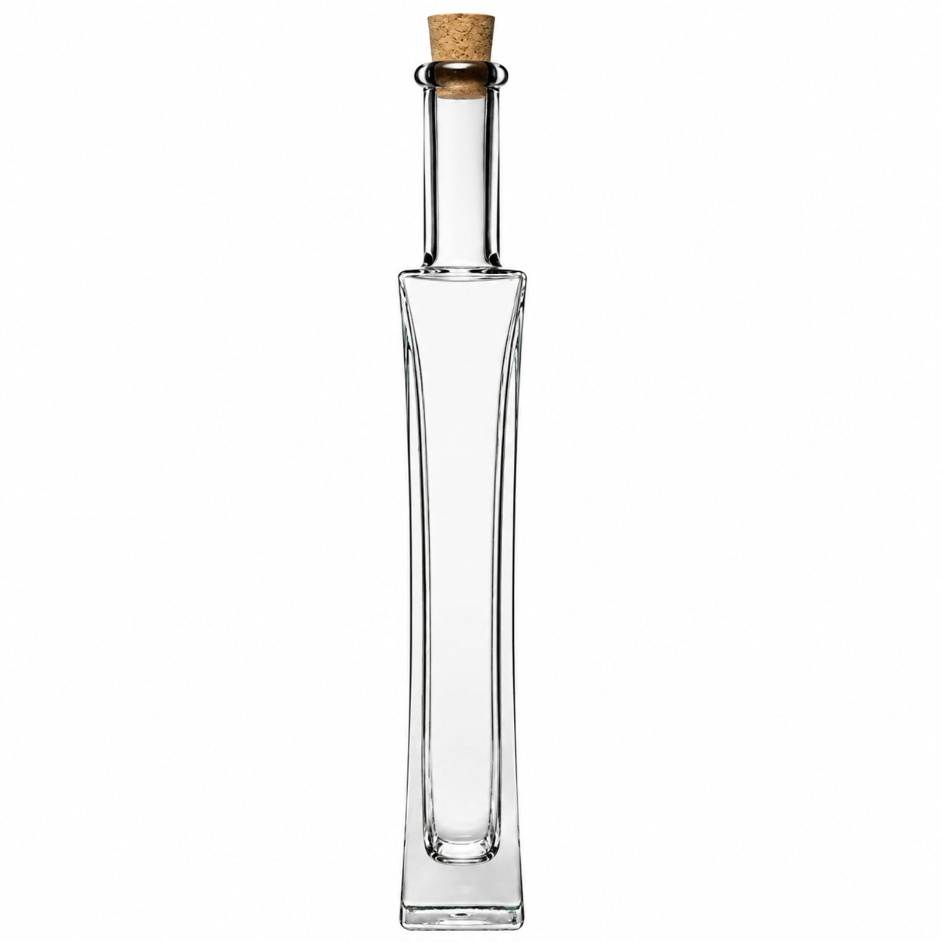 Glasflasche 200 ml im Art Deco Stil mit Korken, klar und elegant, ideal zum Abfüllen von Likören oder Ölen.