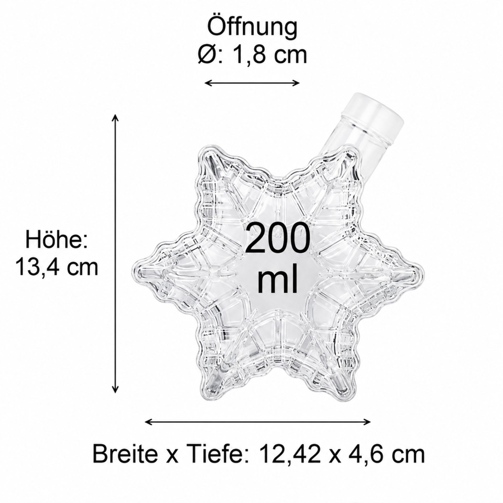 Produktfoto einer 200 ml Schneeflocke-Glasflasche mit blauer Aufschrift, ideal für Liköre oder Spirituosen, erhältlich bei Flaschen, Gläser und Dosen.