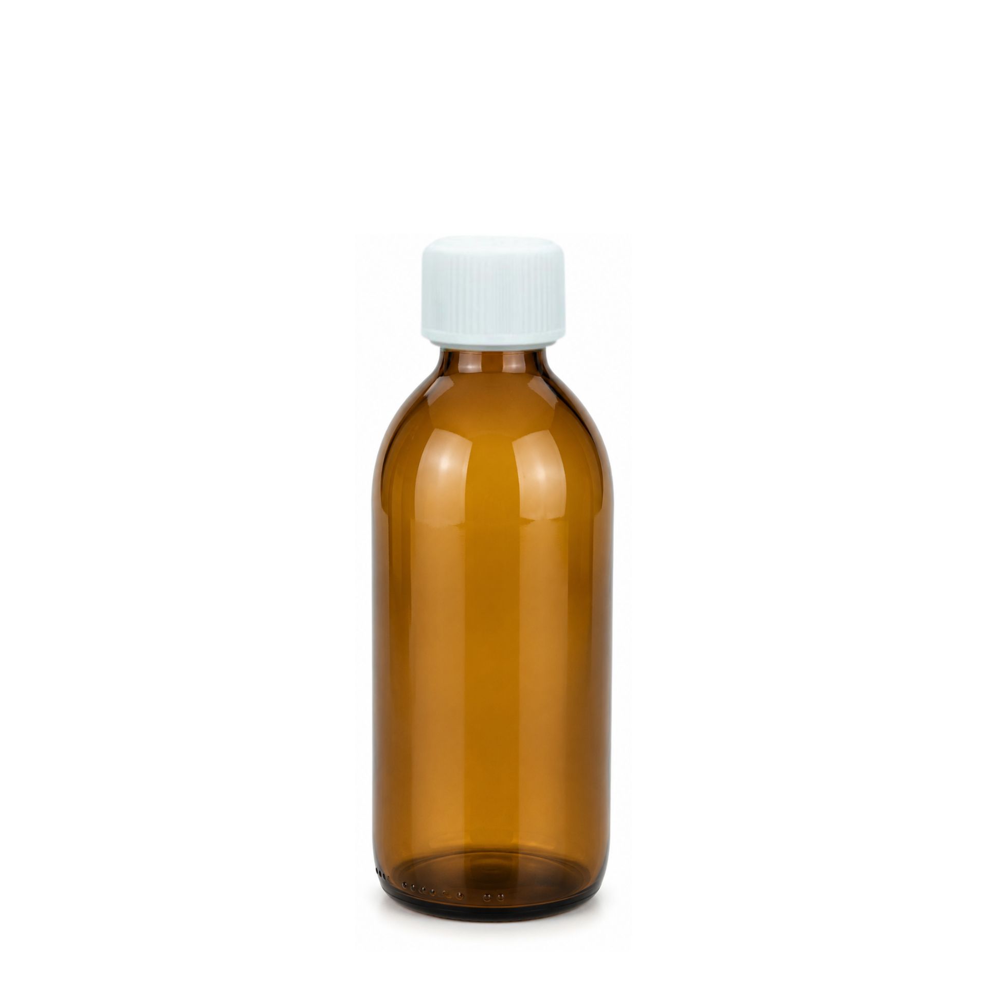 Braune Glas-Tropfflasche mit 200 ml Fassungsvermögen, stehend vor weißem Hintergrund.