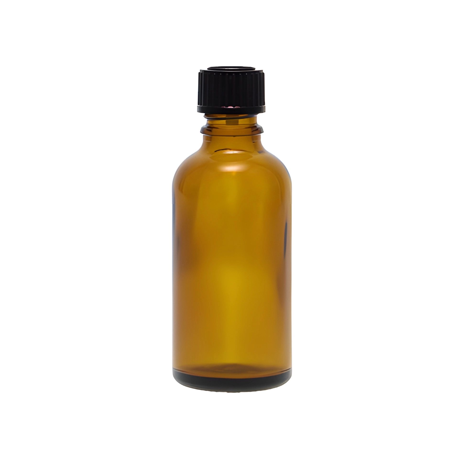 Transparente braune Glasflasche mit 28-mm-Gewindeöffnung, auf weißem Hintergrund stehend.