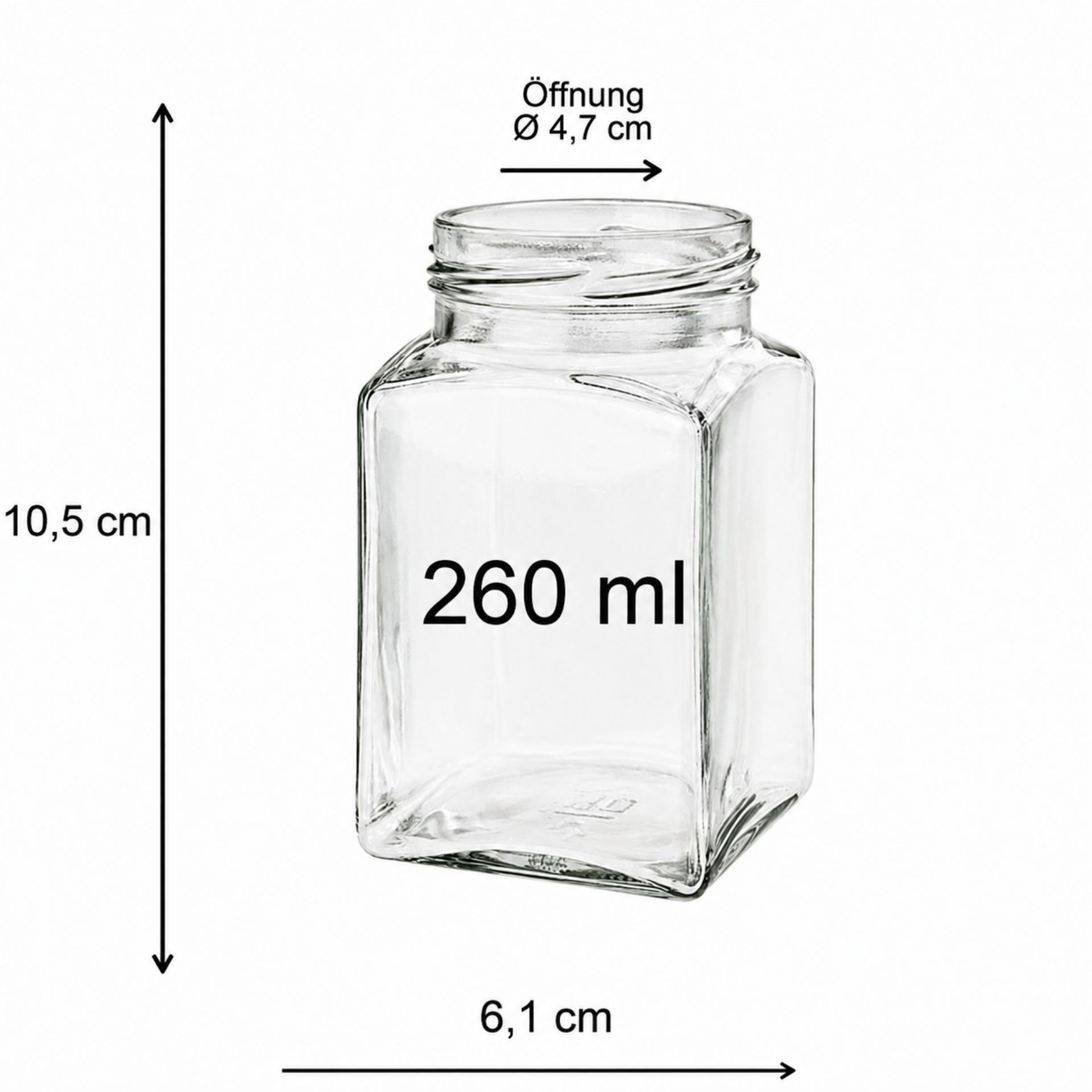 Ein quadratisches Einmachglas mit einem Fassungsvermögen von 260 ml, versehen mit einem farbigen Deckel. Ideal für die Lagerung von Marmeladen, Gewürzen oder anderen Lebensmitteln.