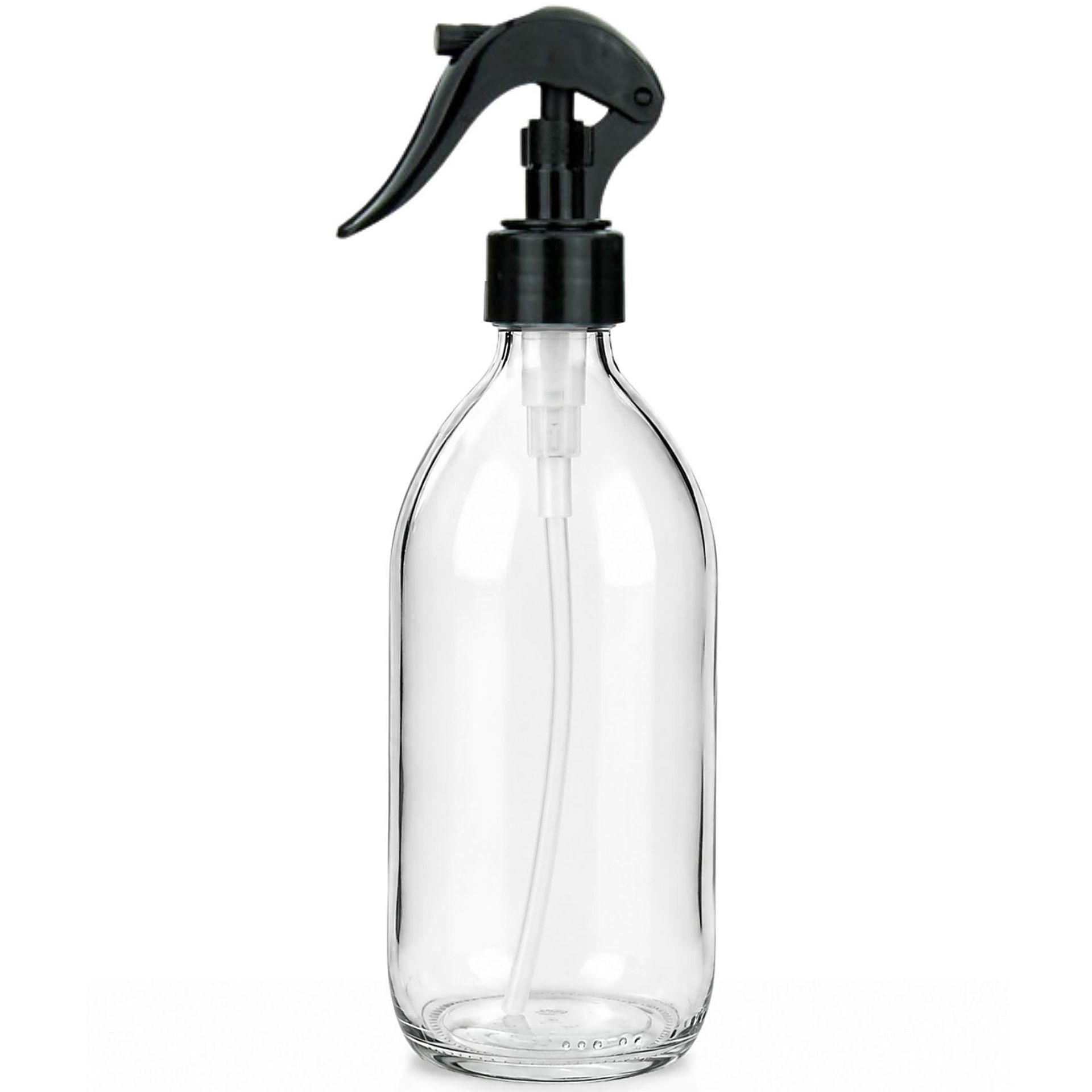 Klarglas-Sprühflasche mit schwarzem Trigger-Sprühkopf, 500 Milliliter Fassungsvermögen, auf weißem Hintergrund.