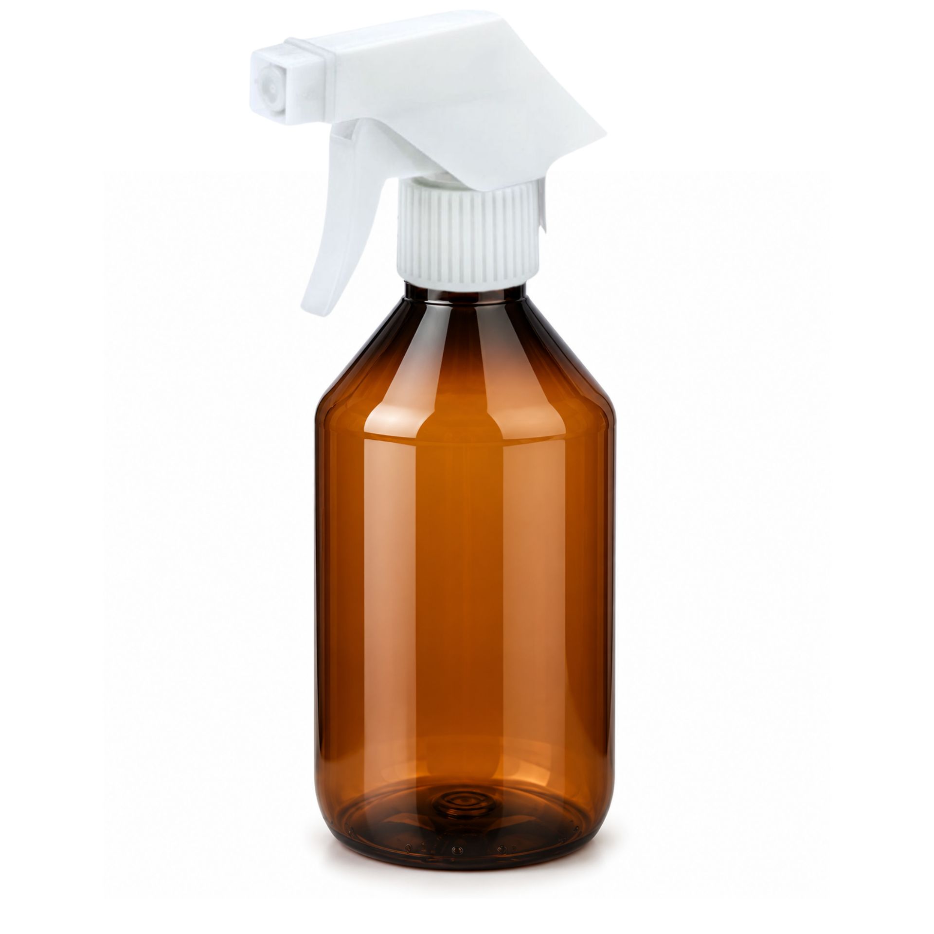 Weiße Apothekerflasche mit 250 ml Fassungsvermögen und transparenter Sprühpistole, stehend vor neutralem Hintergrund.