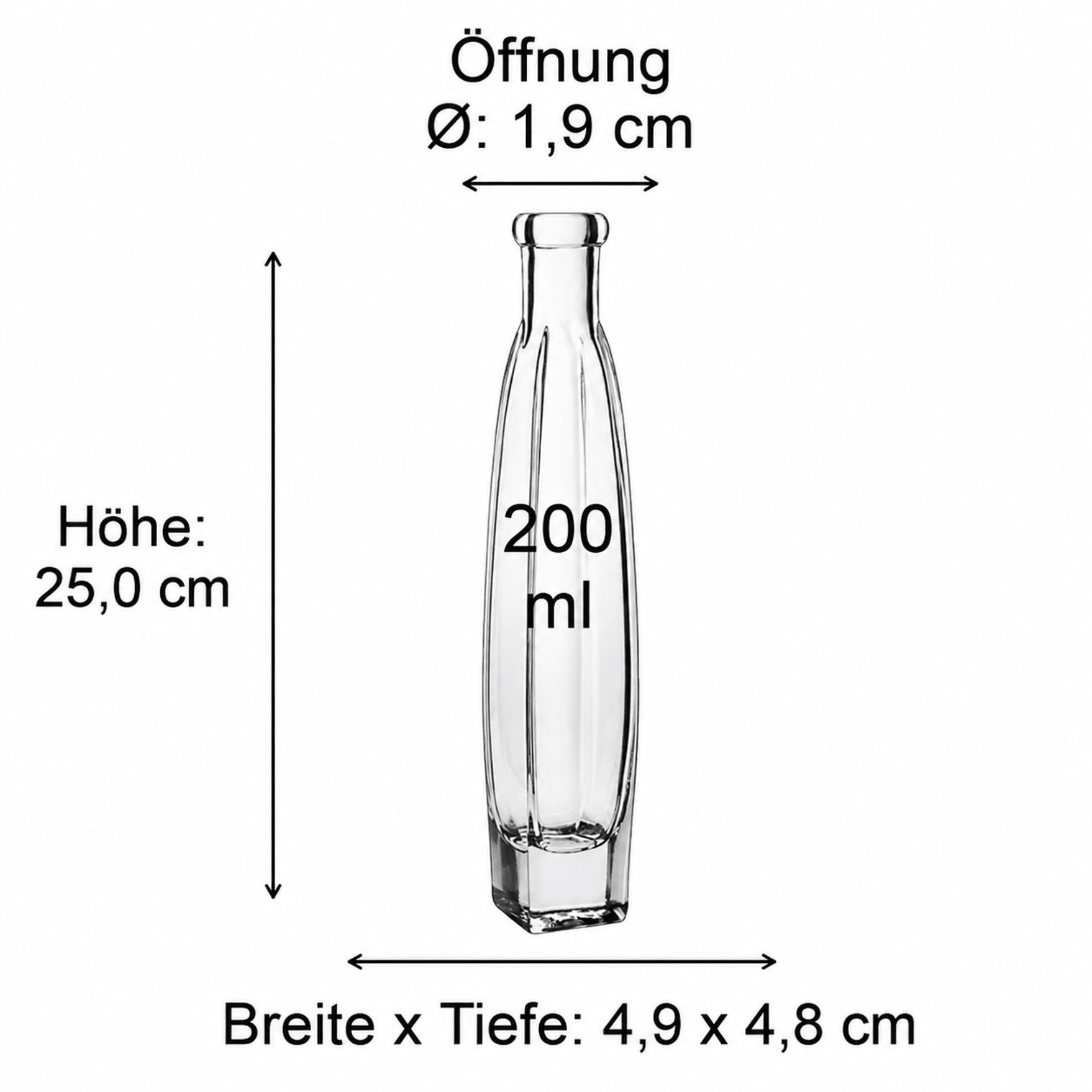 Maße einer Glasflasche mit detaillierten Abmessungen und Volumenangaben, Darstellung auf weißem Hintergrund in einer technischen Zeichnung.