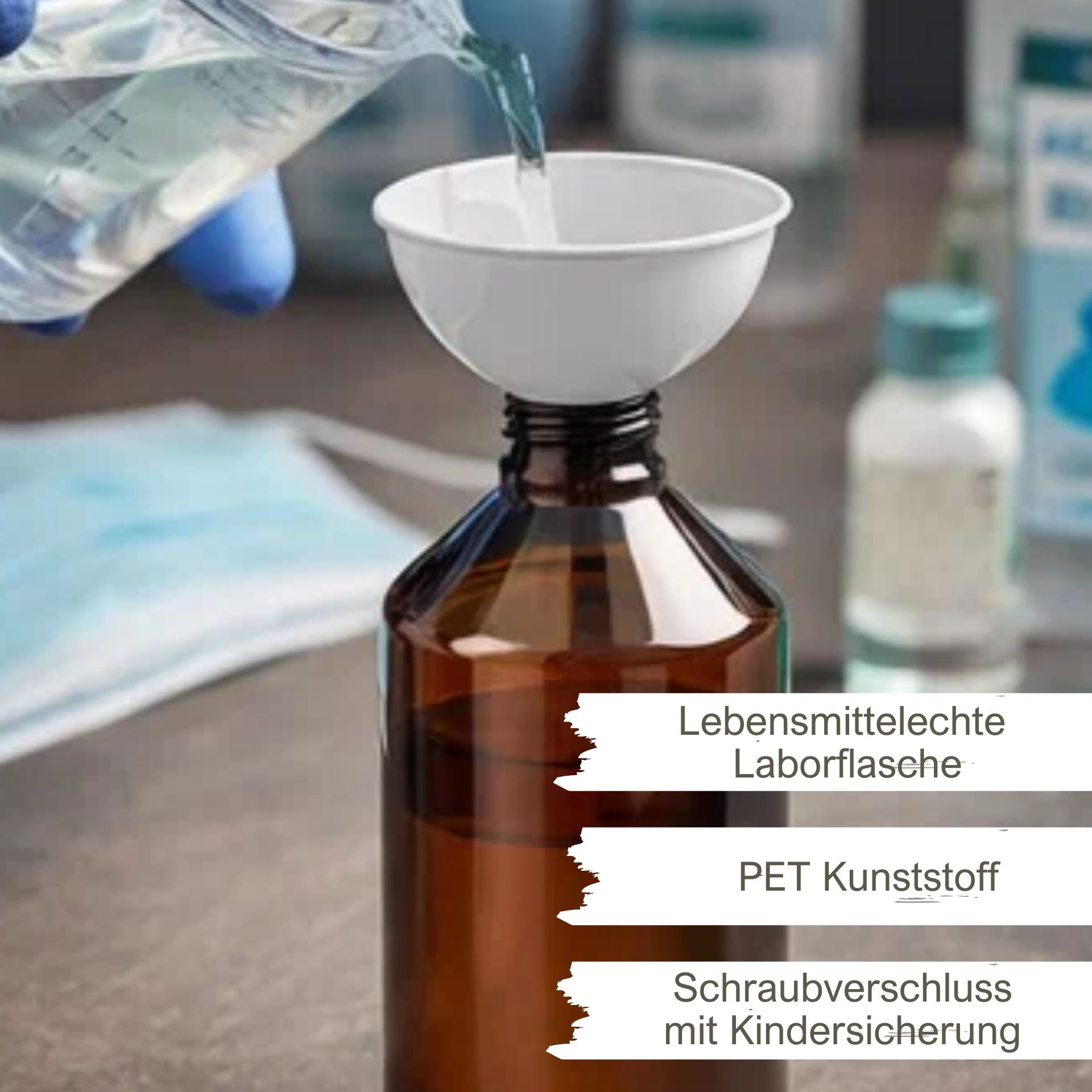 PET Flasche 1000 ml braun Laborflasche (Kindersicherung)