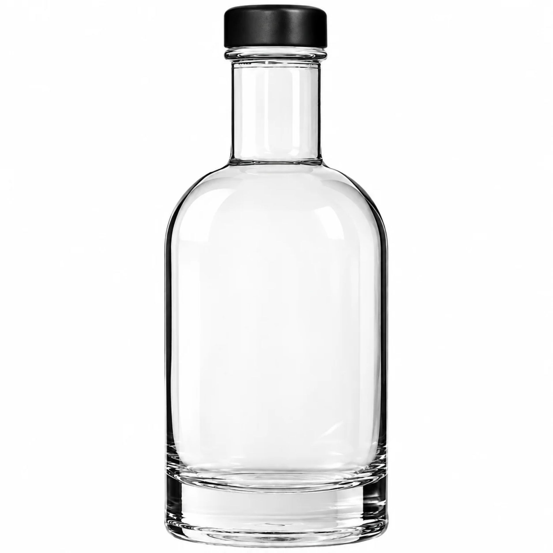 200-ml-Glasflasche mit schwarzem Schraubdeckel, stehend vor weißem Hintergrund.