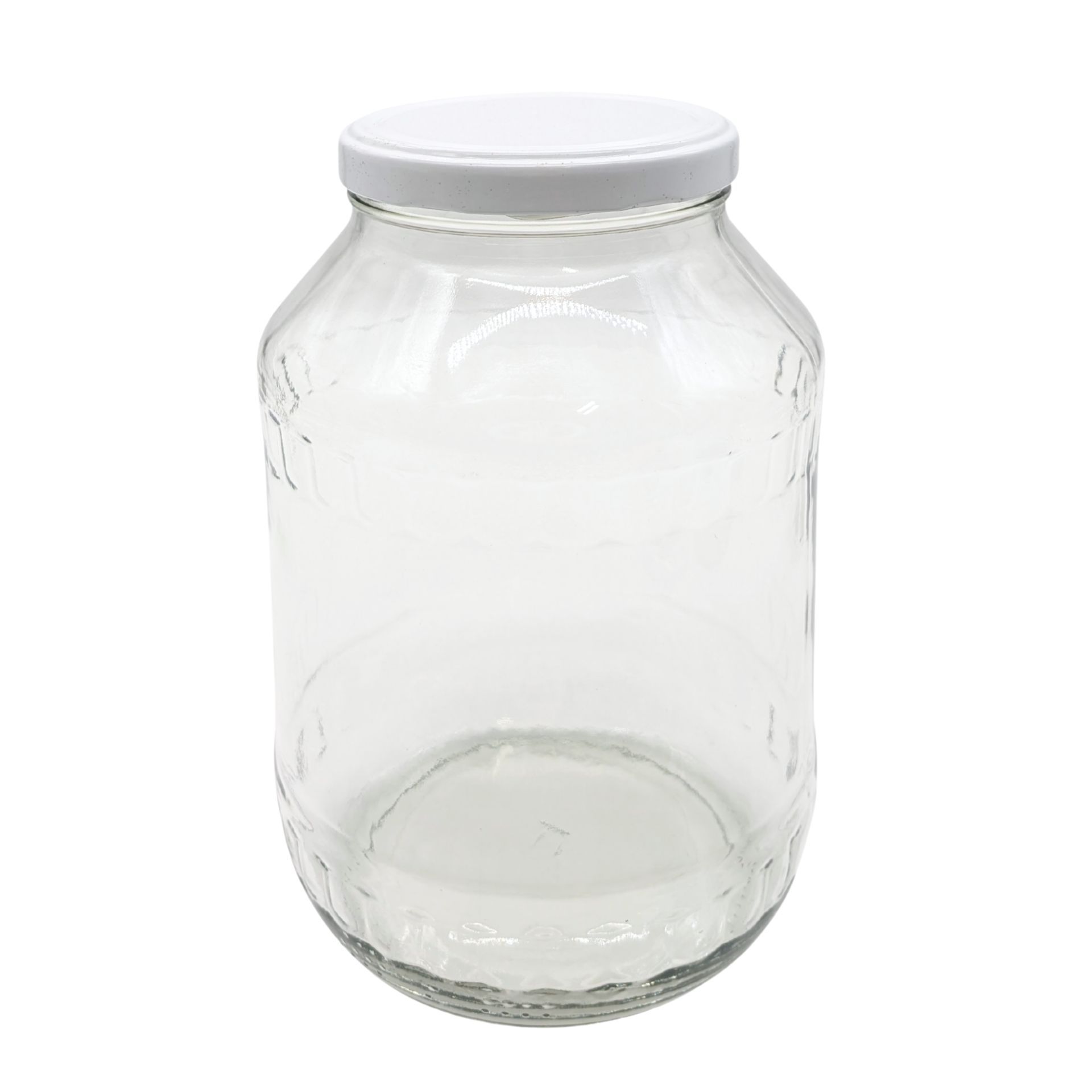 Großes, transparentes Vorratsglas mit 2650 ml Fassungsvermögen, befüllt mit weißen Bohnen; das Glas hat einen weißen Schraubdeckel und steht vor neutralem Hintergrund.
