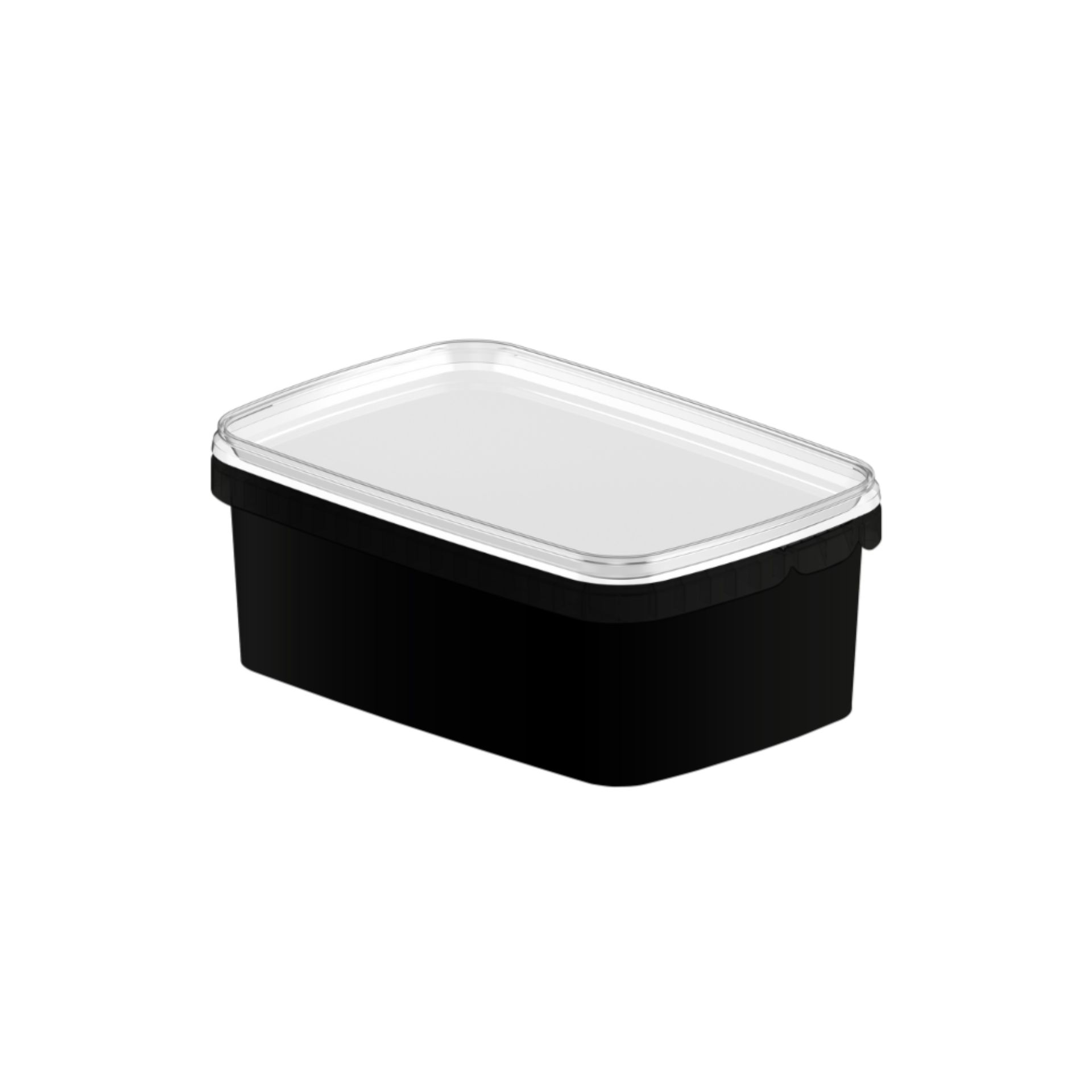 Schwarzer eckiger Feinkostbecher mit Deckel 1200 ml - VIRA1PS921200SCHW Rechteckige, schwarze Frischhaltebox aus Kunststoff mit durchsichtigem Deckel, Fassungsvermögen 1200 ml, dargestellt vor weißem Hintergrund.
