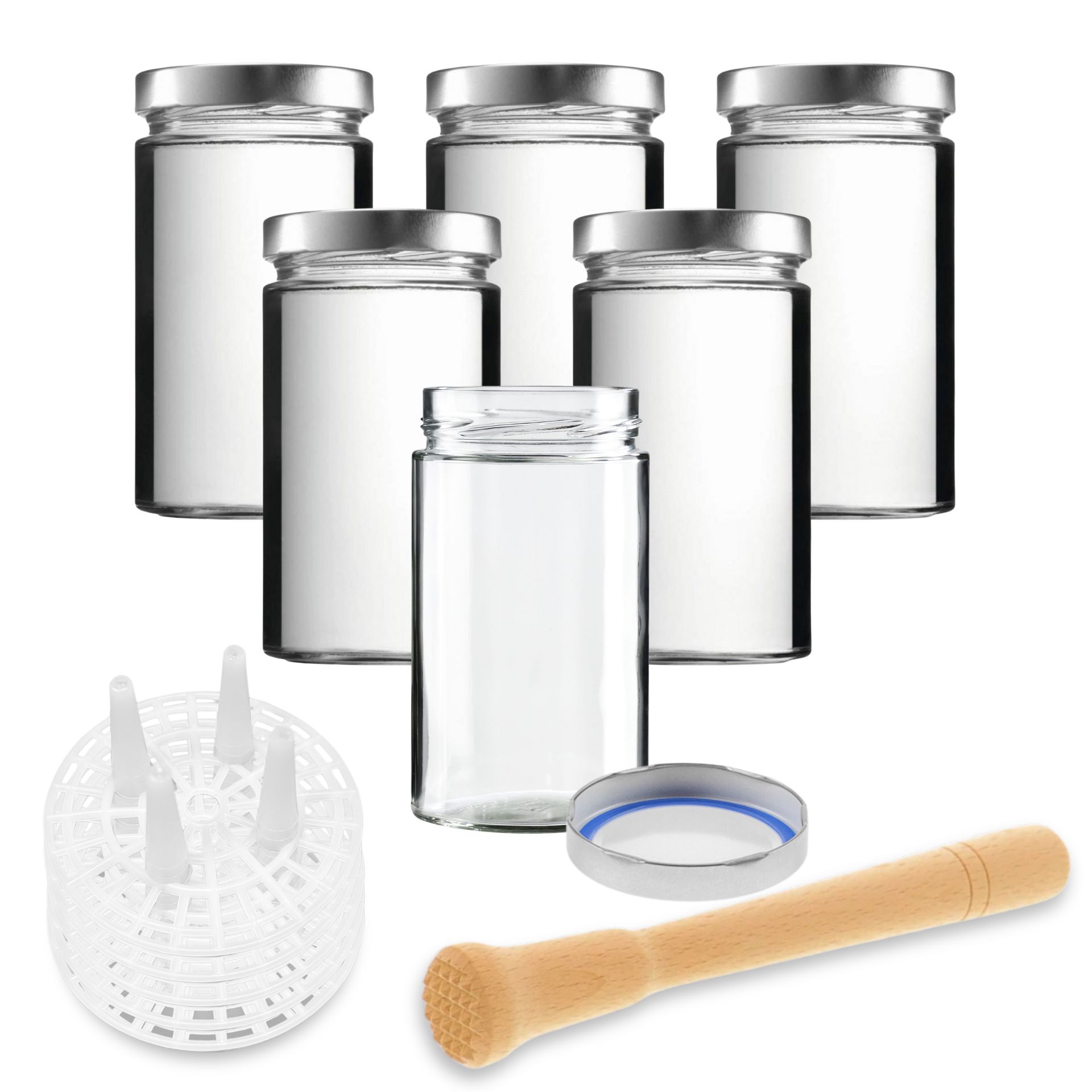 Sechsteiliges Fermentier-Starterset der Marke mikken, bestehend aus sechs 720-ml-Gläsern mit Bügelverschluss, Luftventilen, Gewichten und grauen Silikondeckeln, ordentlich nebeneinander auf weißem Hintergrund arrangiert.