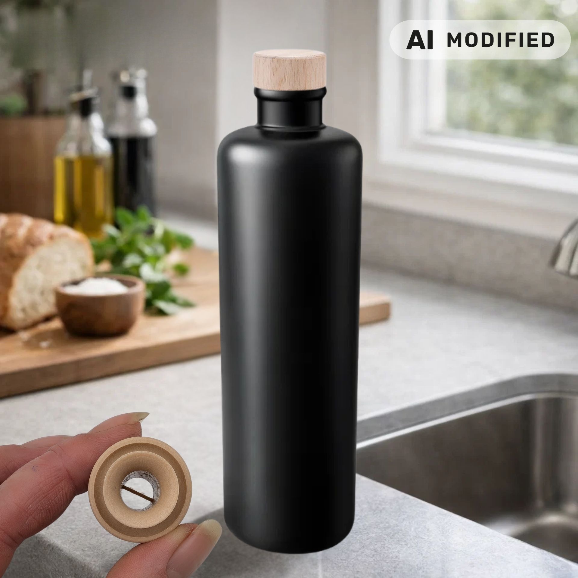 Ölflasche 500 ml Steingut schwarz mit Ausgießer und Holzkappe