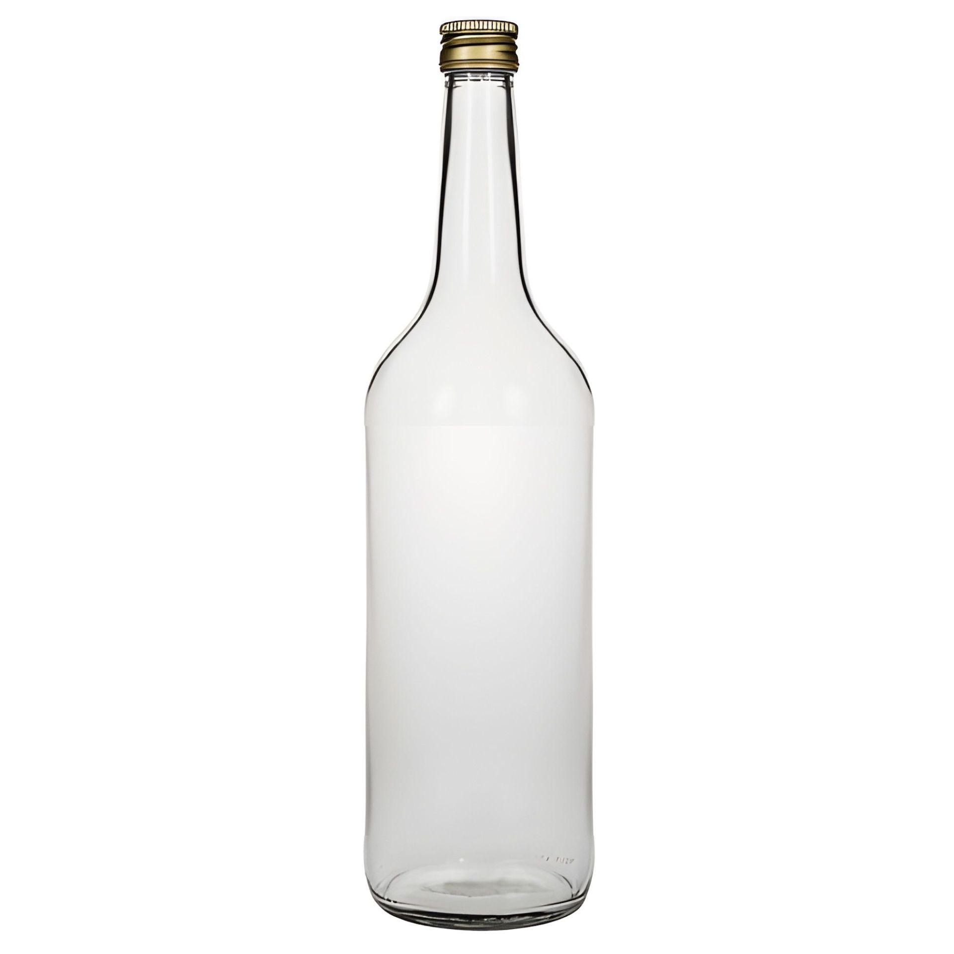 1000-ml-Glasflasche mit goldfarbenem Schraubdeckel, stehend vor neutralem Hintergrund. Die Flasche ist zylindrisch, klar und leer.