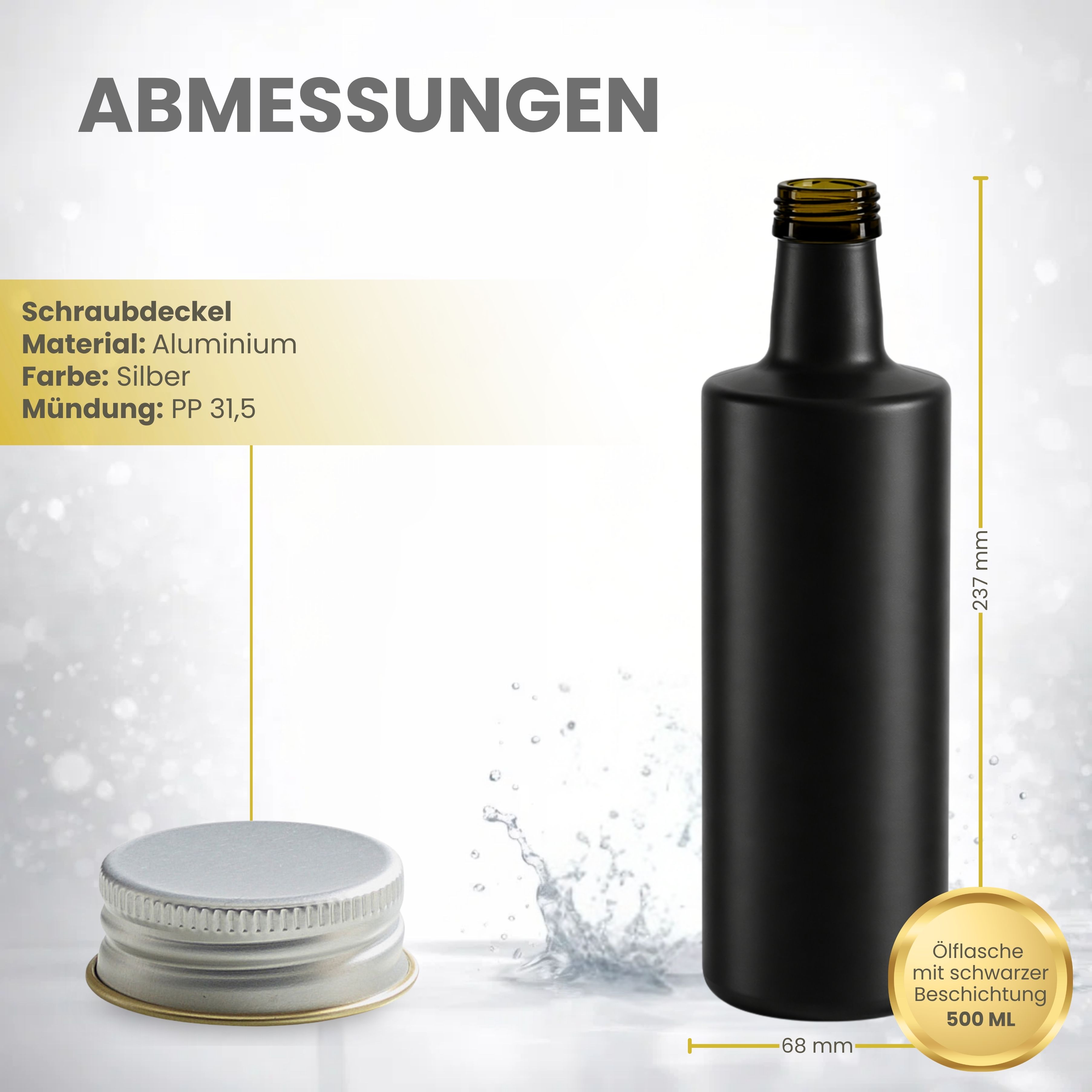 Glasflasche 500 ml rund schwarz Ölflasche Deckel Silber