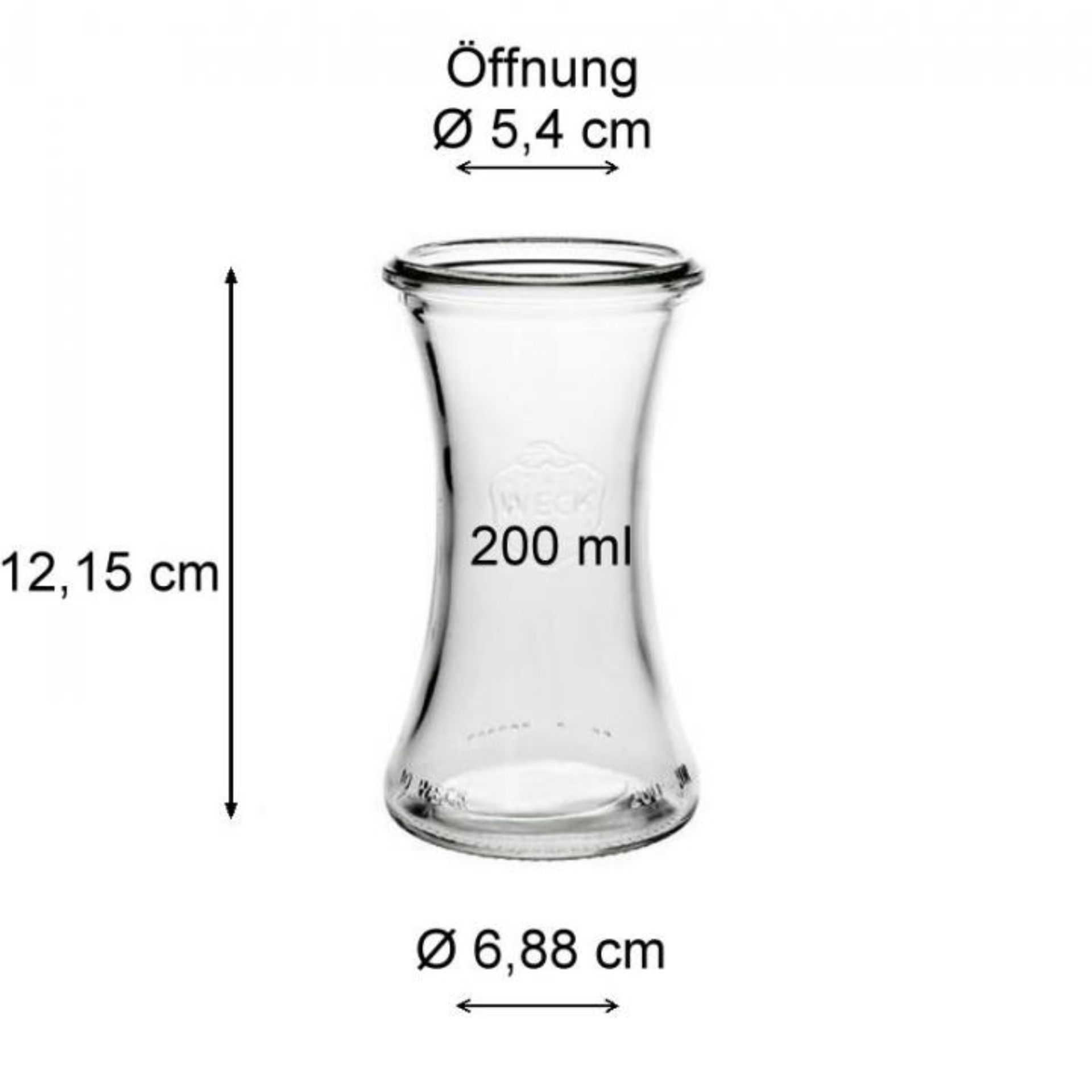 Ein Weckglas Delikatessenglas mit 200 ml Fassungsvermögen und passendem Deckel, Produktnummer 83033, auf einem weißen Hintergrund fotografiert.