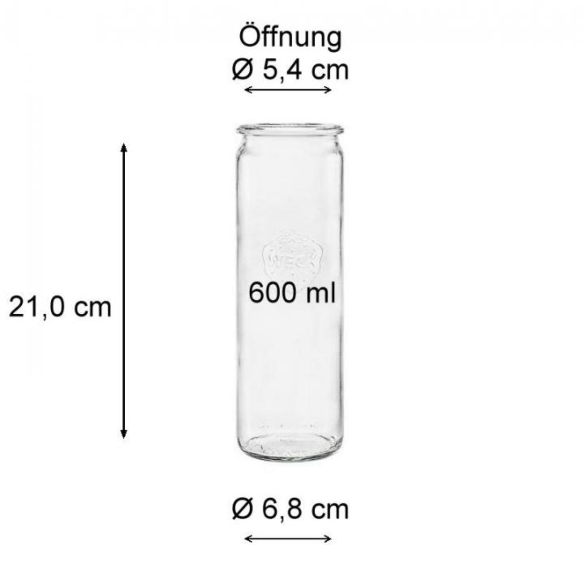 Weckglas Zylinderglas 600 ml mit Deckel, Gummiring und Klammern - Bild eines robusten Einmachglases für Lebensmittelkonservierung und Aufbewahrung, ideal für Küche und Vorratsraum.