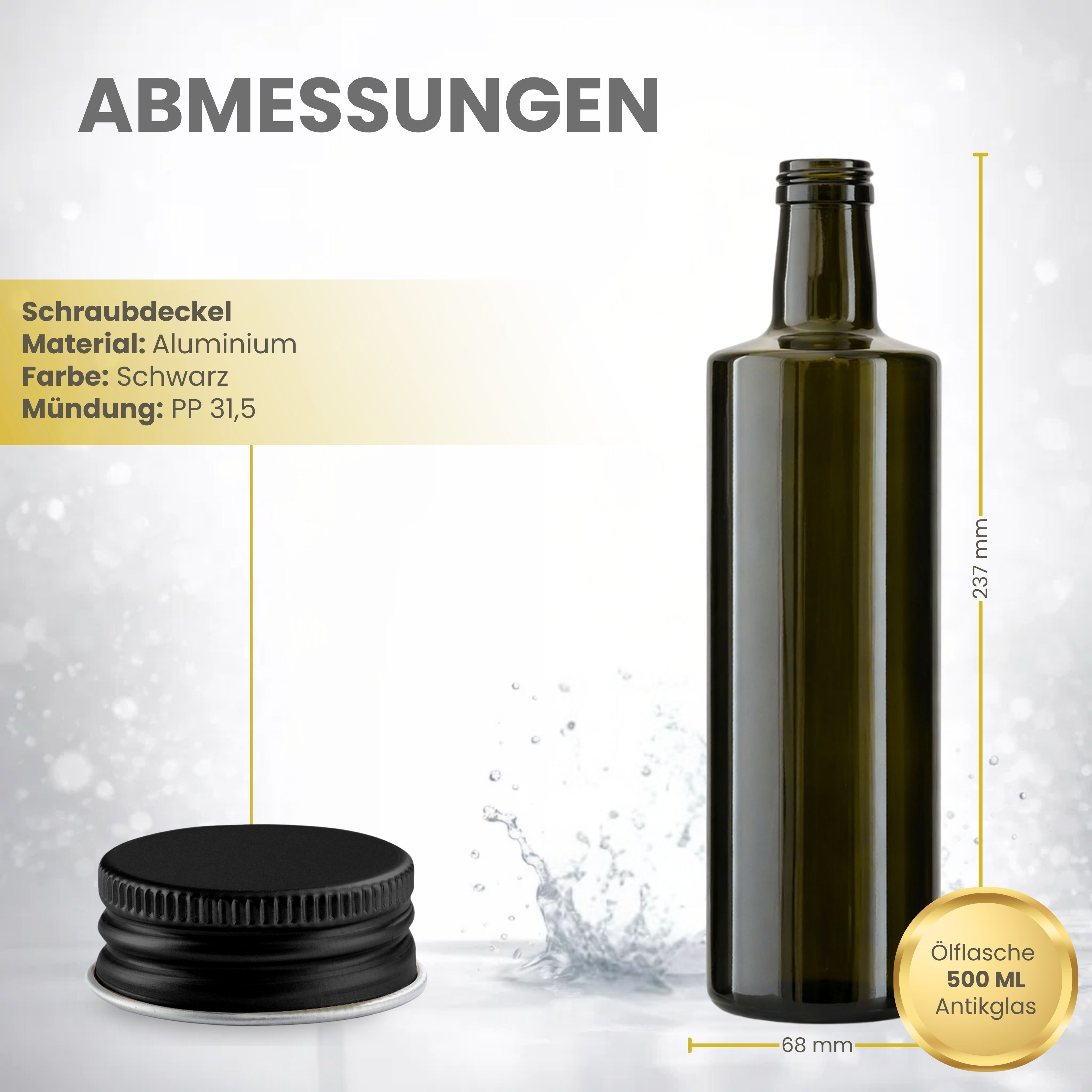 Glasflasche 500 ml rund braun Ölflasche Deckel Schwarz