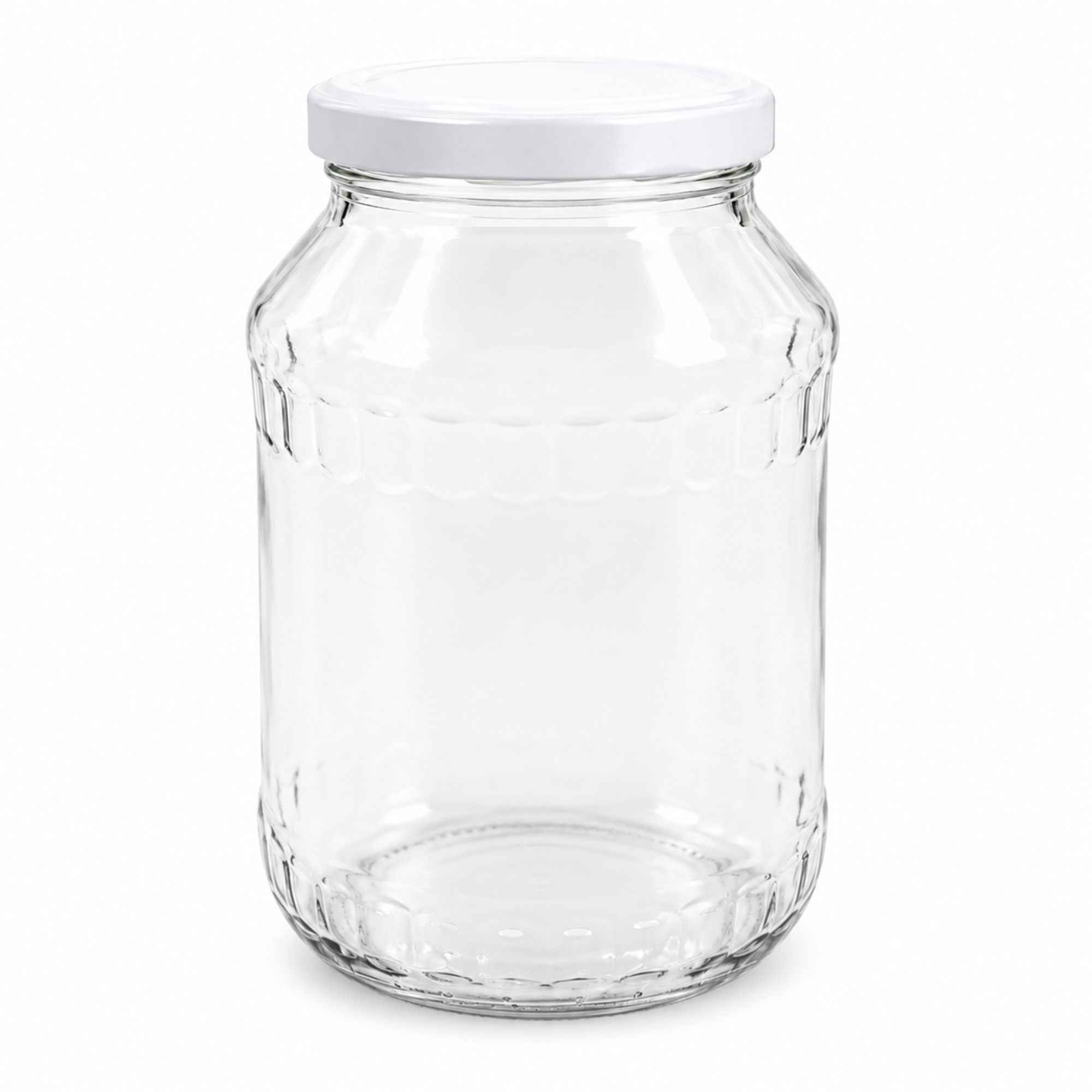Großes, transparentes Vorratsglas mit 2650 ml Fassungsvermögen, befüllt mit weißen Bohnen; das Glas hat einen weißen Schraubdeckel und steht vor neutralem Hintergrund.