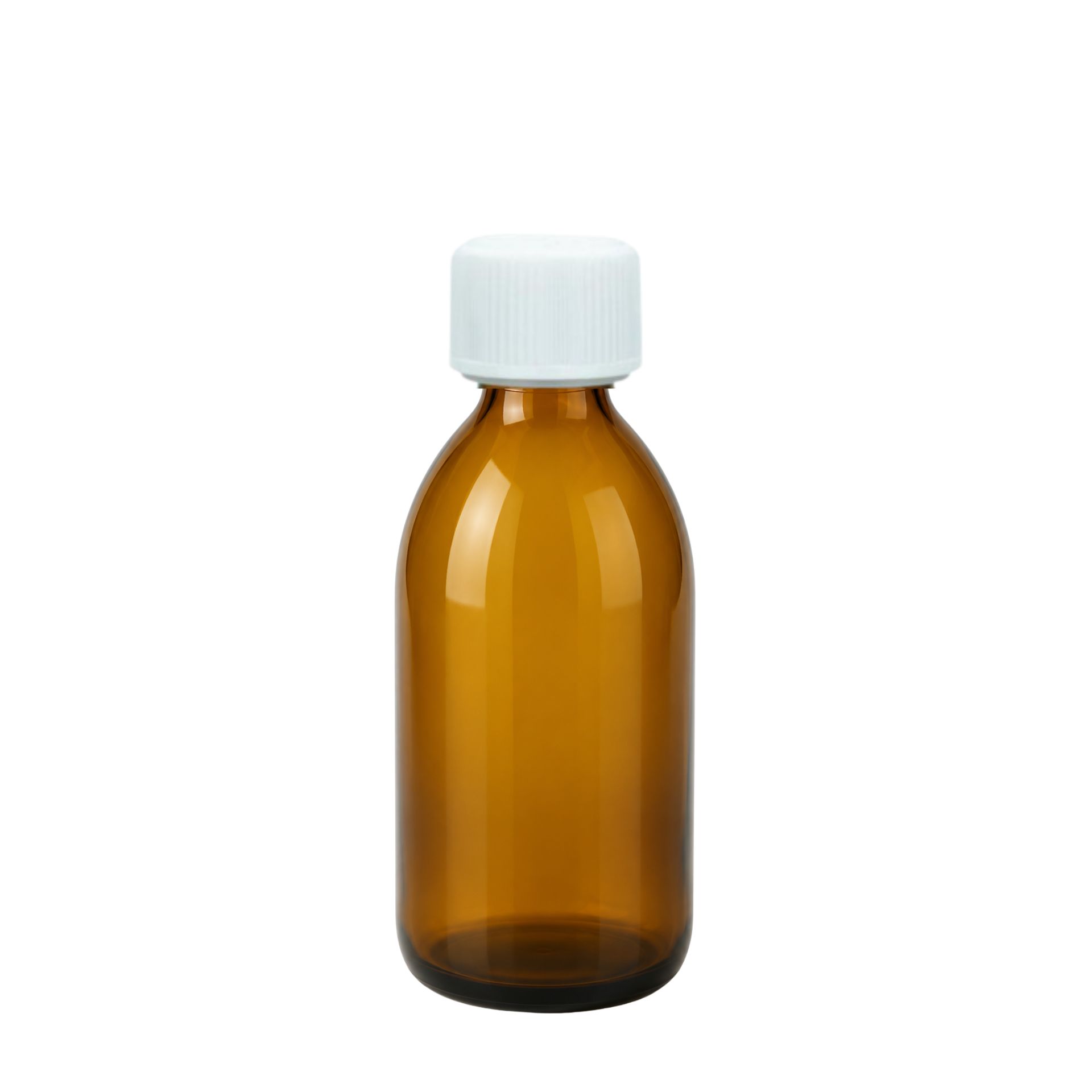 Braune 250-ml-Tropfflasche aus Glas mit Schraubverschluss, stehend vor weißem Hintergrund.