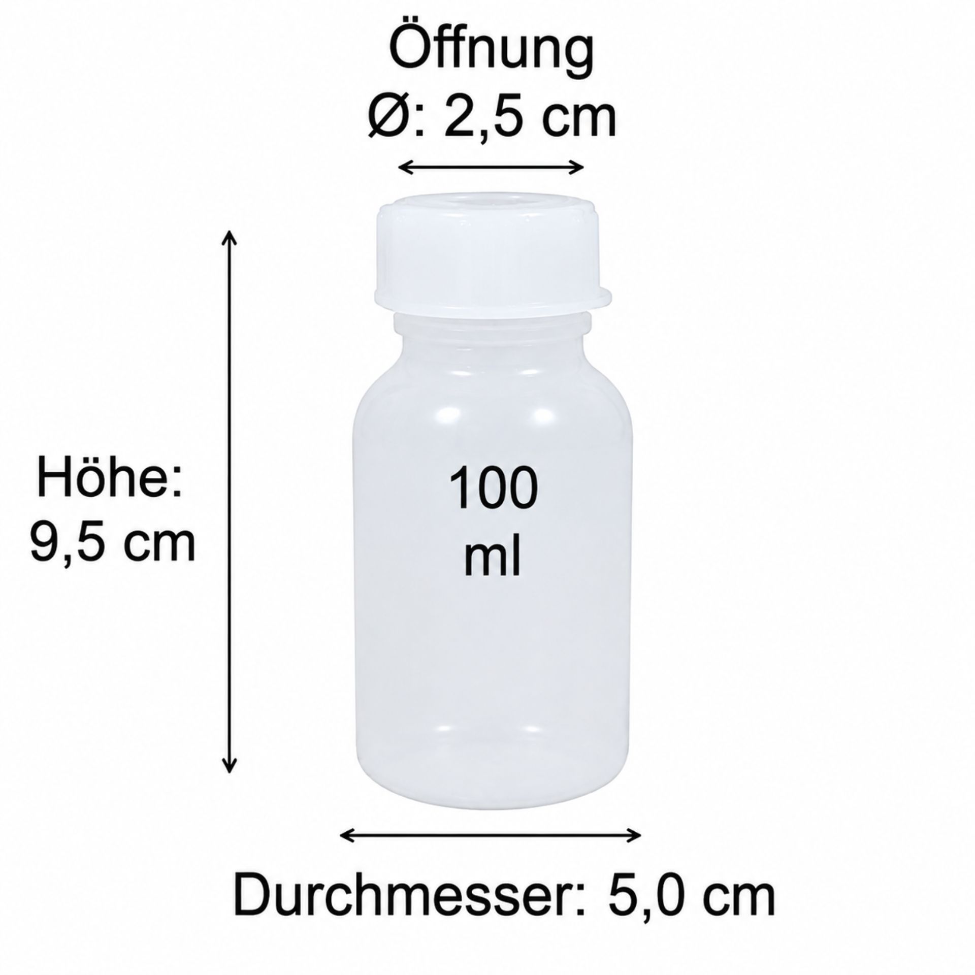 Bild der Abmessungen und technischen Spezifikationen einer Flasche: Graphische Darstellung der Maße mit detaillierter Beschriftung der Höhen, Breiten und Gewinde, ideal für Produktdesign und Fertigung.