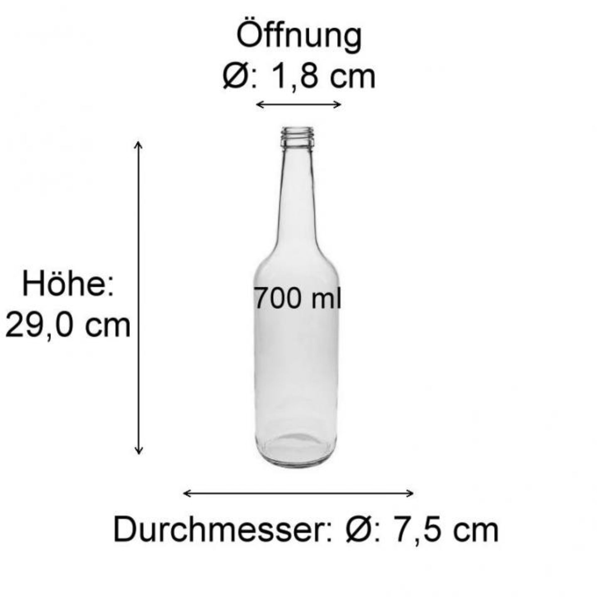 Bild einer transparenten Geradhalsflasche mit einem Fassungsvermögen von 700 ml, ideal für die Aufbewahrung von Getränken und Flüssigkeiten