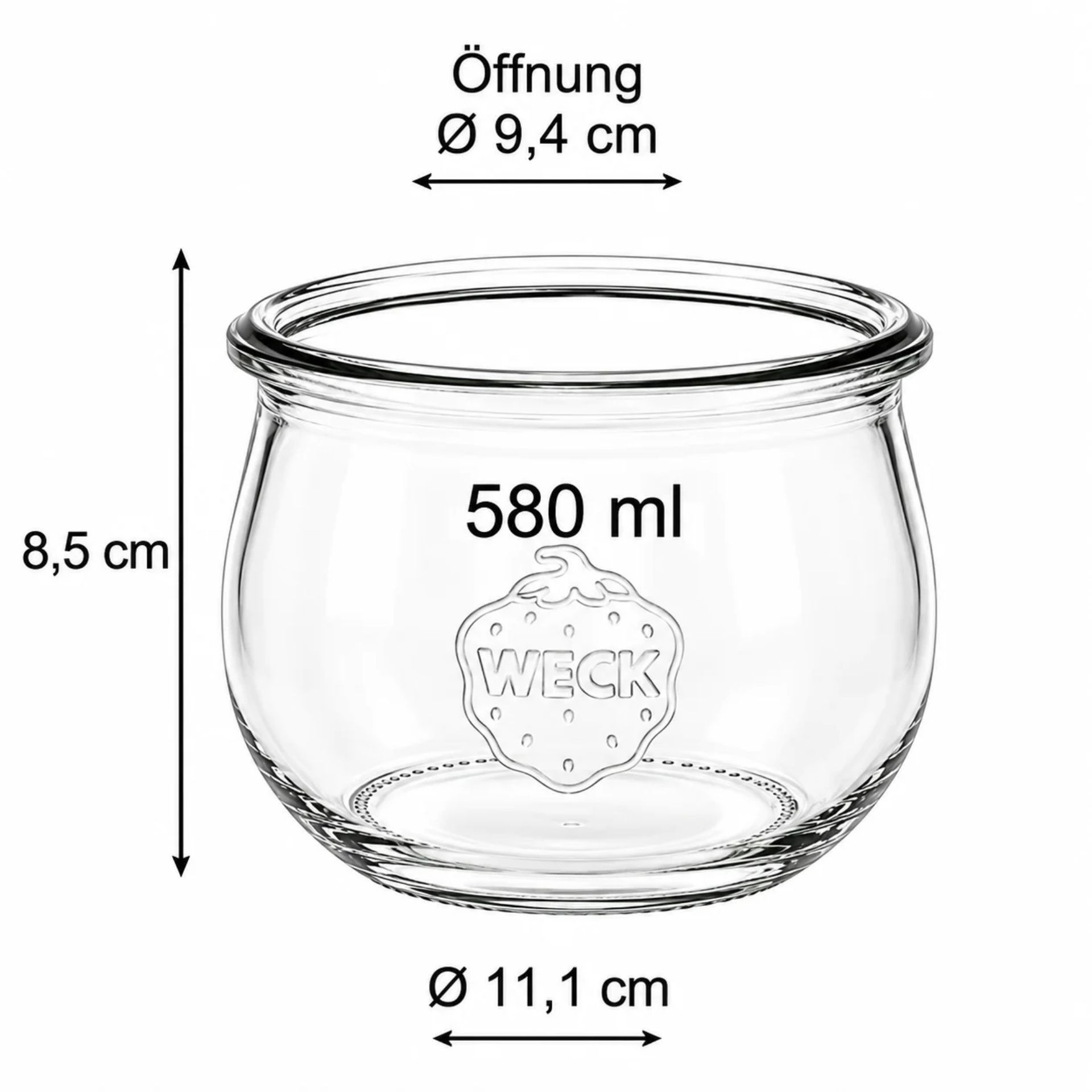 Weck Tulpenglas 580 ml Rundrandglas mit Glasdeckel, hochwertiges Einmachglas für konserviertes Obst und Gemüse, ideal für nachhaltige Lebensmittelaufbewahrung.