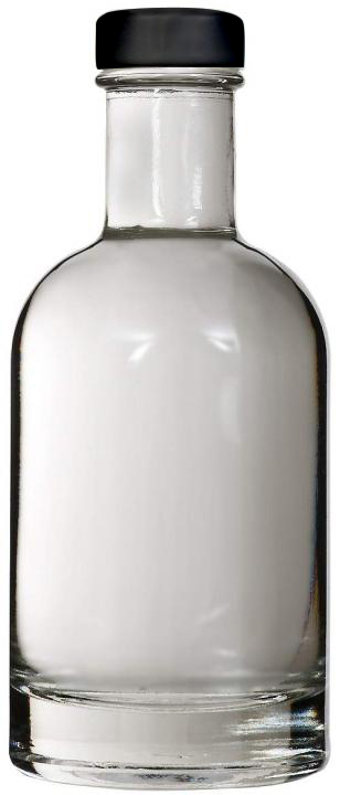 Glasflasche 200 ml mit schwarzem Deckel – Hochwertige Verpackung für Getränke und Saucen 200-ml-Glasflasche mit schwarzem Schraubdeckel, stehend vor weißem Hintergrund.