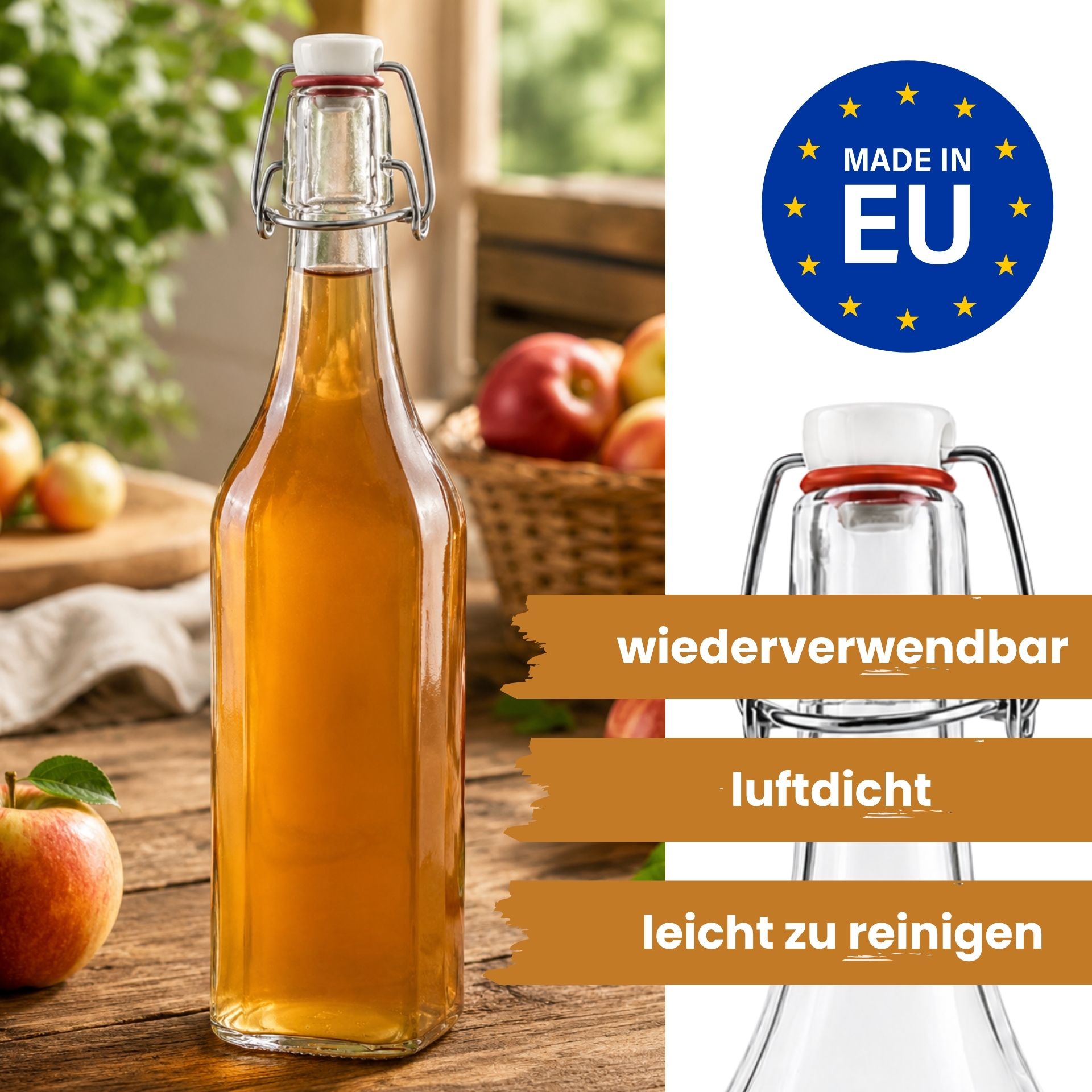 Glasflasche 500 ml eckig mit Bügelverschluss Kunststoff