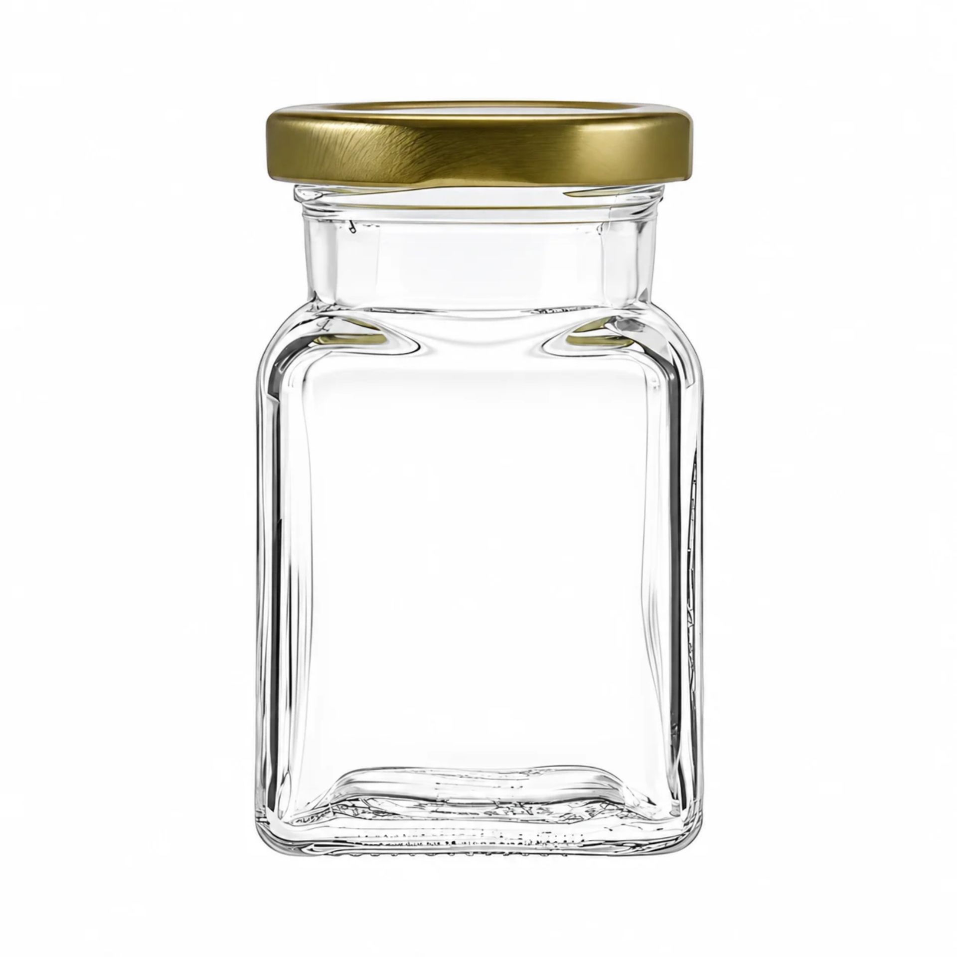 Quadratisches Einmachglas 150 ml mit Deckel in verschiedenen Farben für Konservierung und Aufbewahrung von Lebensmitteln.