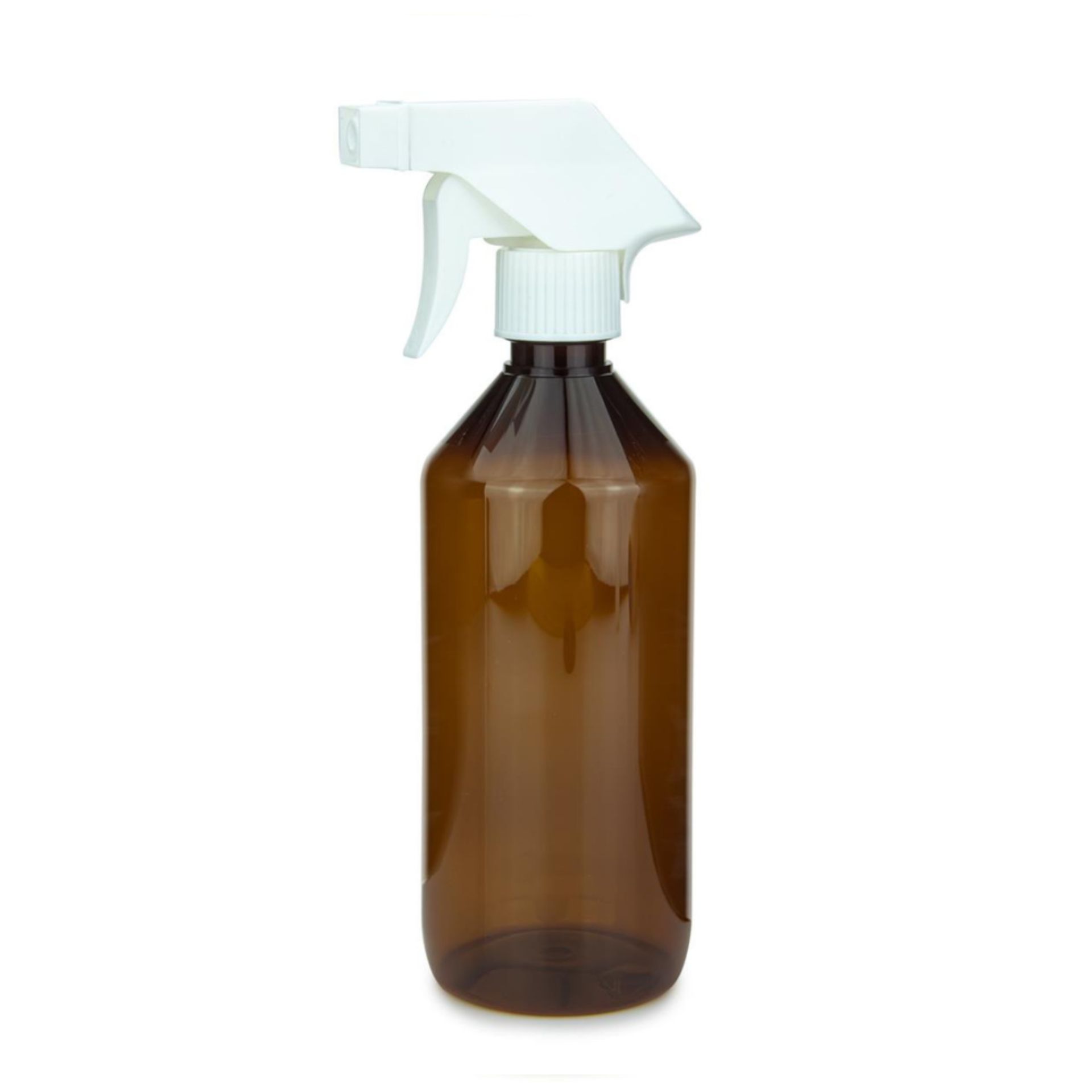 Weiße 500-ml-Apothekerflasche mit Sprühpistole, stehend vor neutralem Hintergrund.