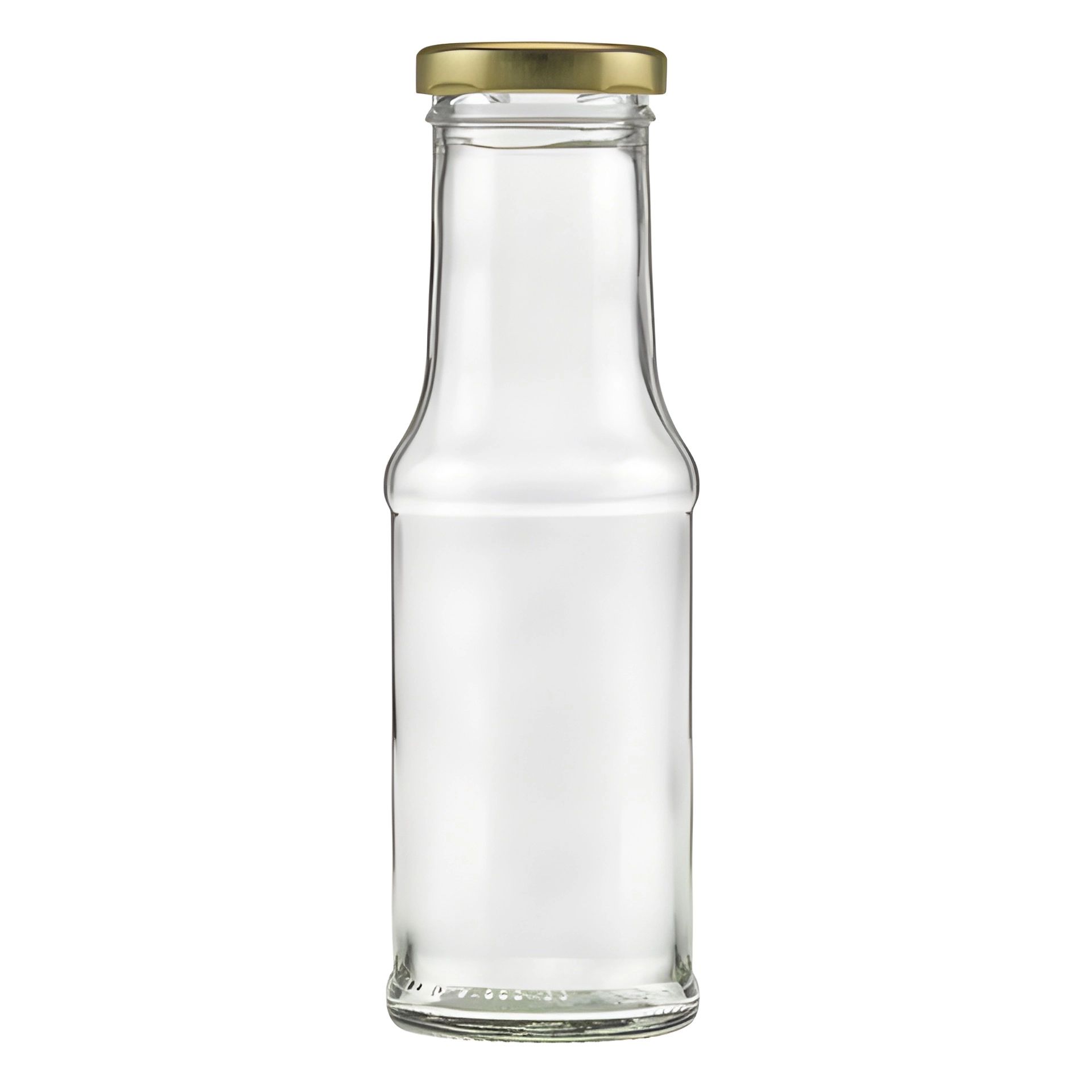 200 ml Glasflasche aus klarem Glas mit silbernem Deckel, ideal als Saftflasche oder für andere Getränke, elegantes Design für vielseitigen Einsatz.
