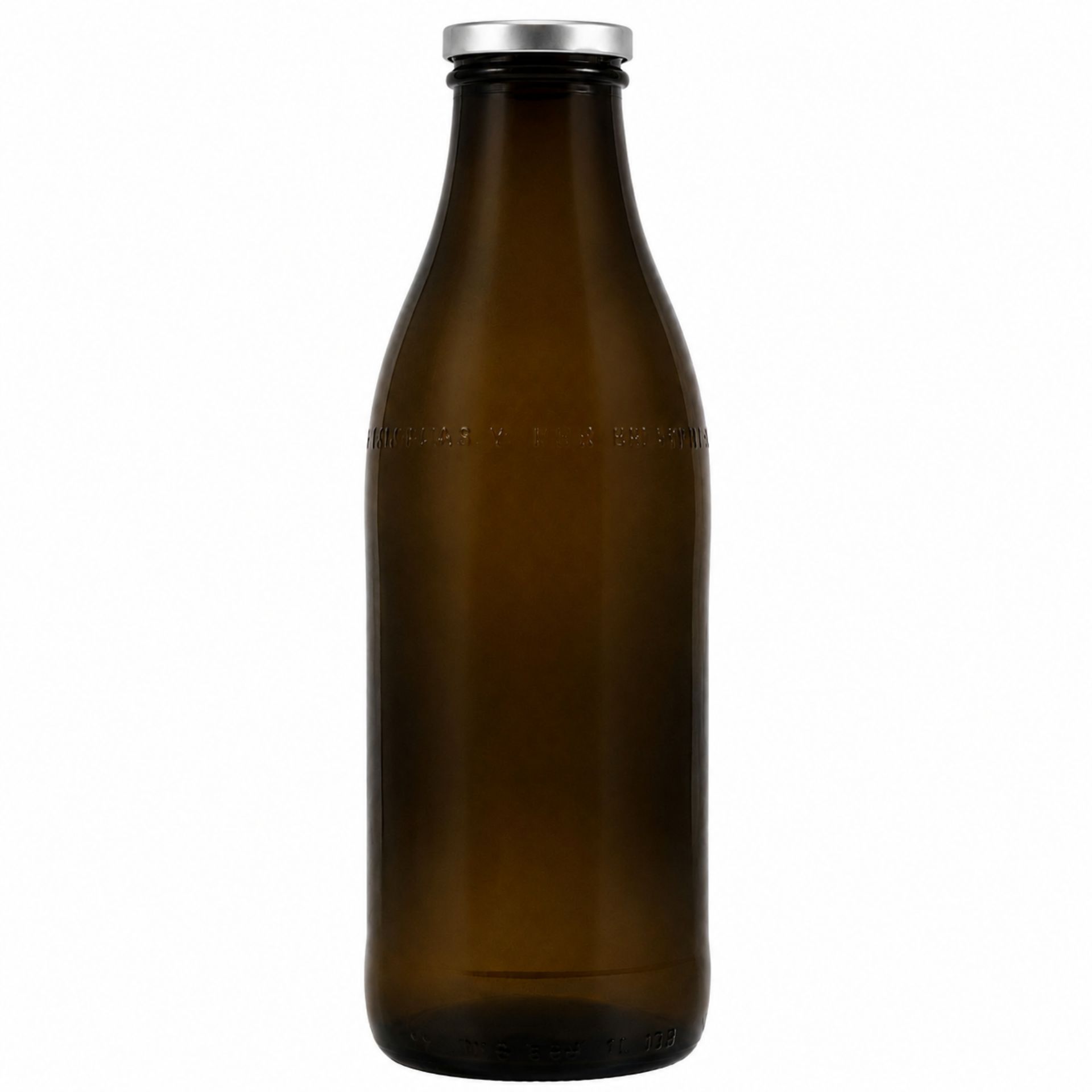 Braune 1000-ml-Milchflasche mit silbernem Schraubverschluss, stehend auf weißem Hintergrund.
