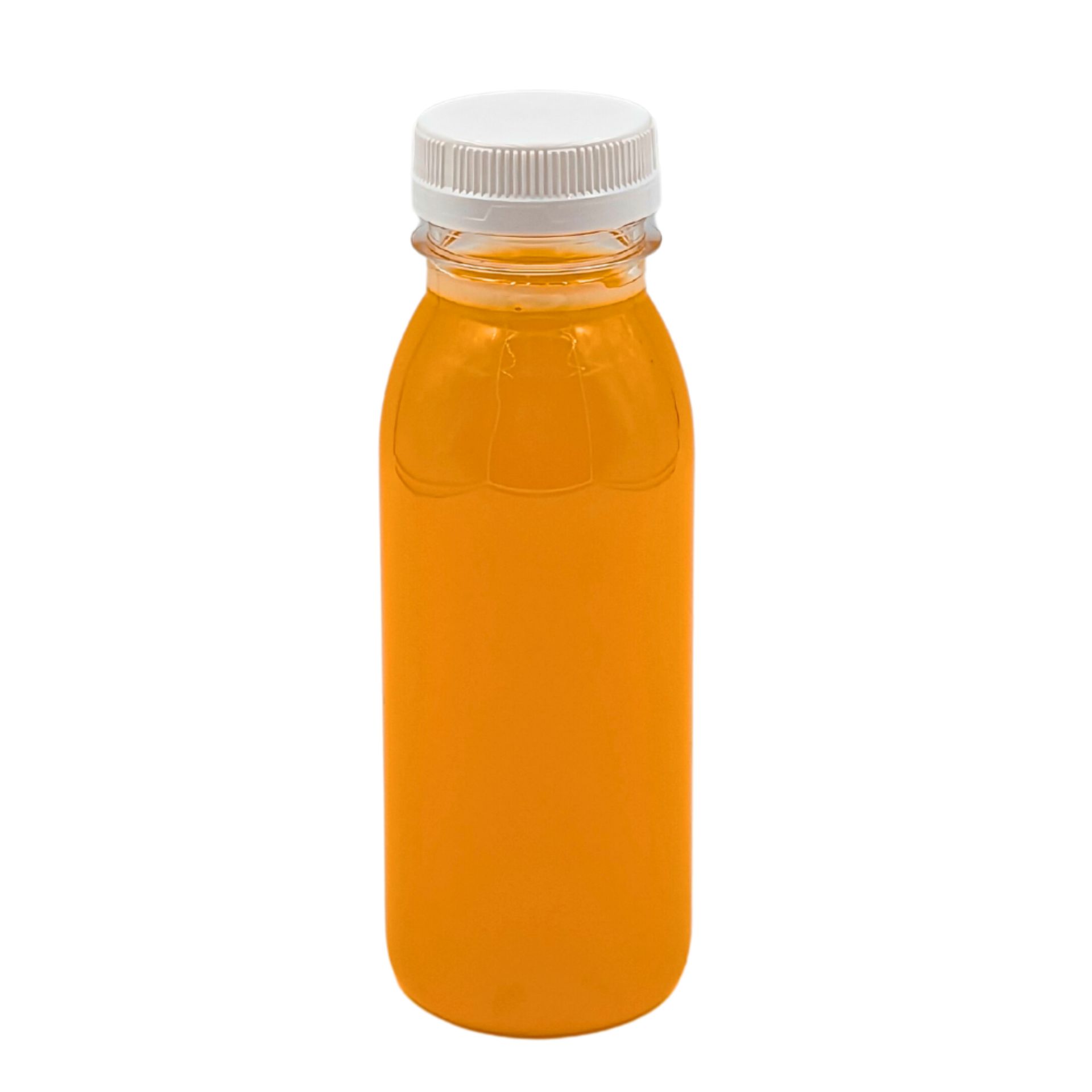 Leere, durchsichtige 250-ml-Smoothieflasche aus Kunststoff mit schwarzem Schraubverschluss, stehend vor weißem Hintergrund.