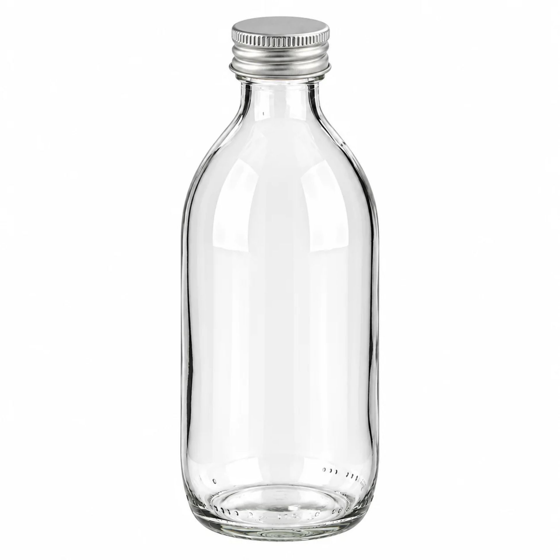 250-ml-Sirupflasche aus klarem Glas mit silberfarbenem Schraubverschluss, stehend vor weißem Hintergrund