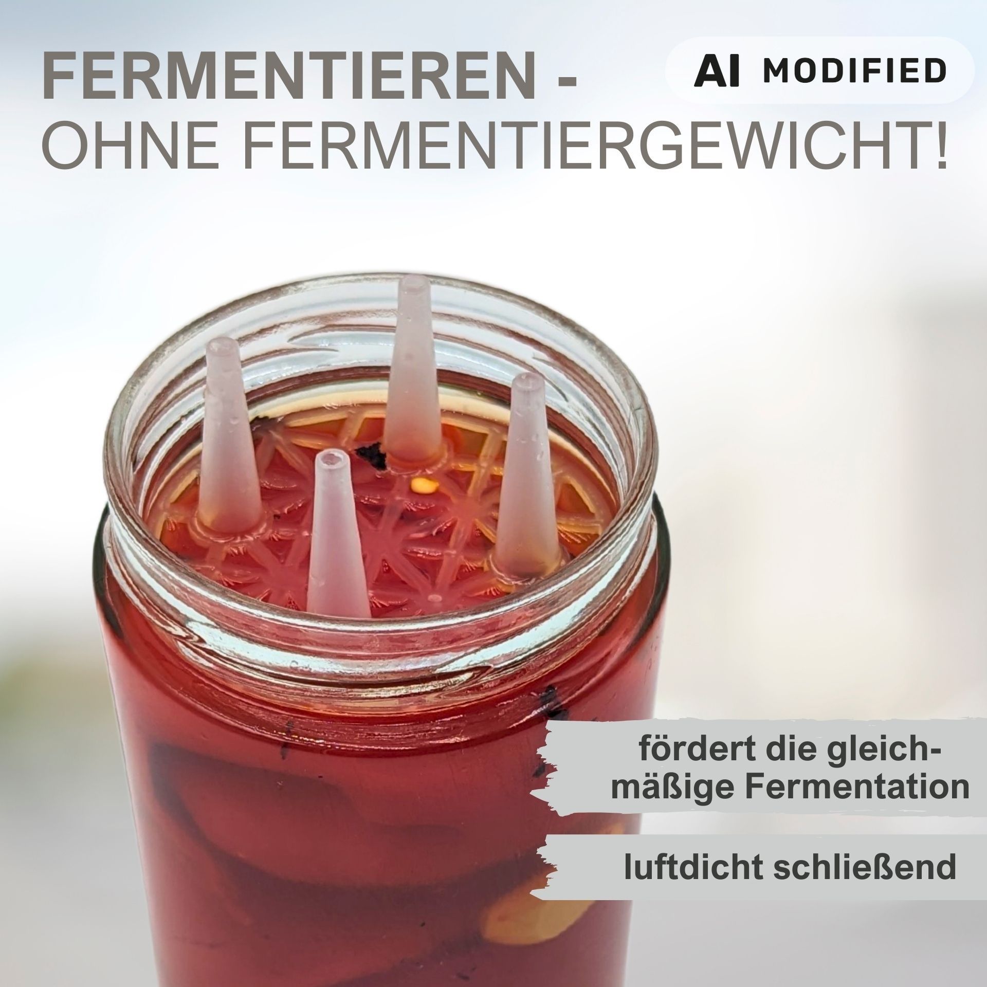 Sechsteiliges Starterset zum Fermentieren: Sechs Einmachgläser à 580 ml mit Schraubdeckeln, jeweils bestückt mit speziellem Gärdeckel und Silikondichtung, auf weißem Hintergrund angeordnet.