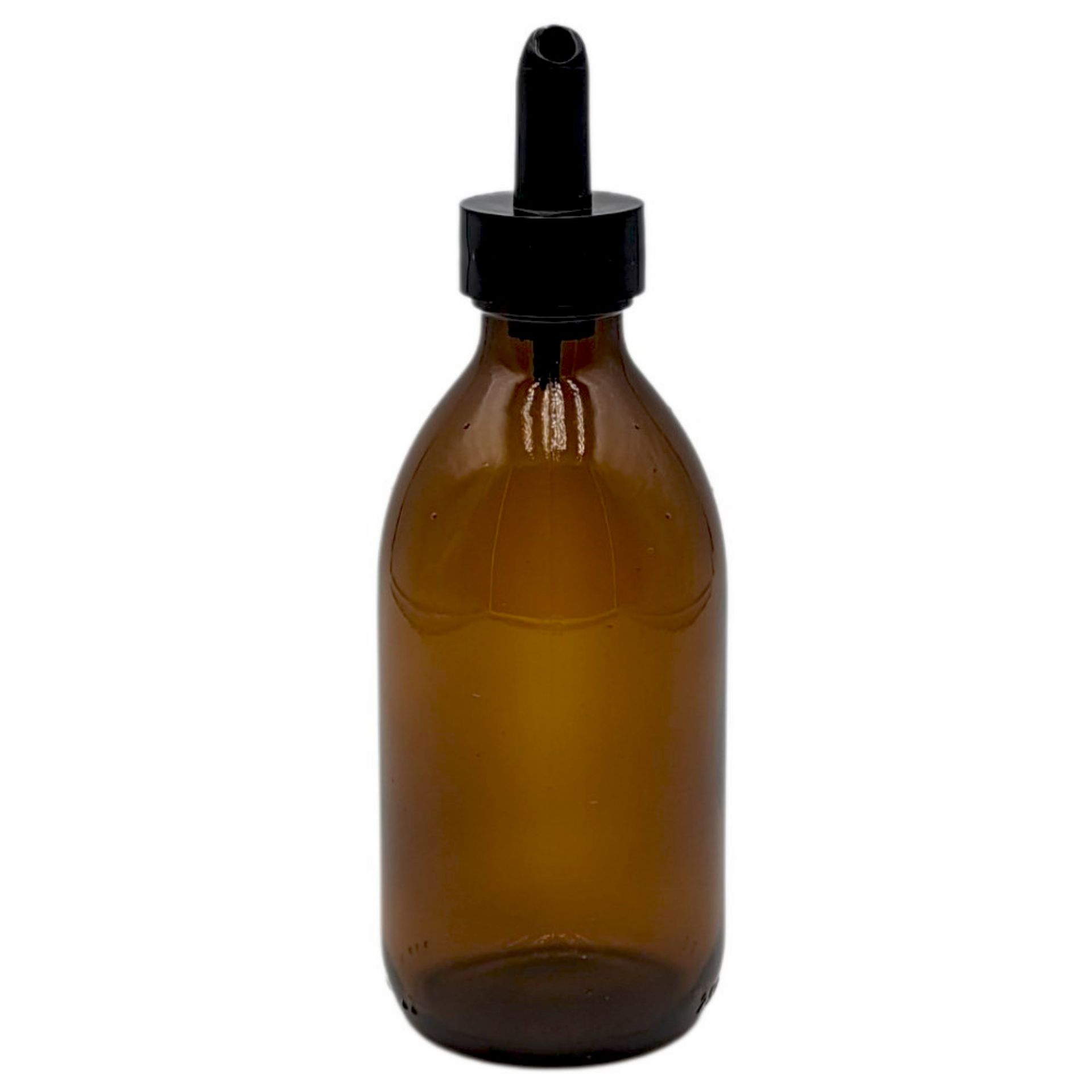 Medizinflasche 250 ml Braun Glasflasche Apotheke Verpackung Pharma Braune Medizinflasche aus Glas mit 250 Millilitern Fassungsvermögen, vor weißem Hintergrund stehend.