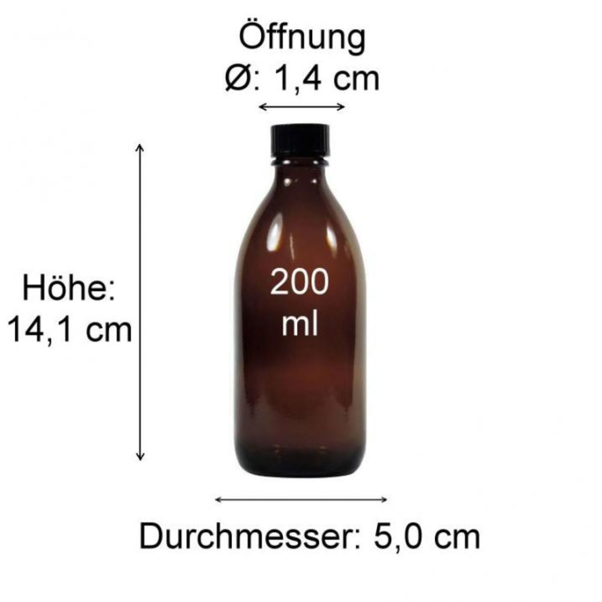 Bild von einer viereckigen grünen Glasflasche, die aus recyceltem Material hergestellt ist, mit den Maßen 200ml angezeigt in Milimetern: Höhe 175mm, Breite 56mm, Tiefe 56mm; ideal für Spirituosen, Essig oder Öl.