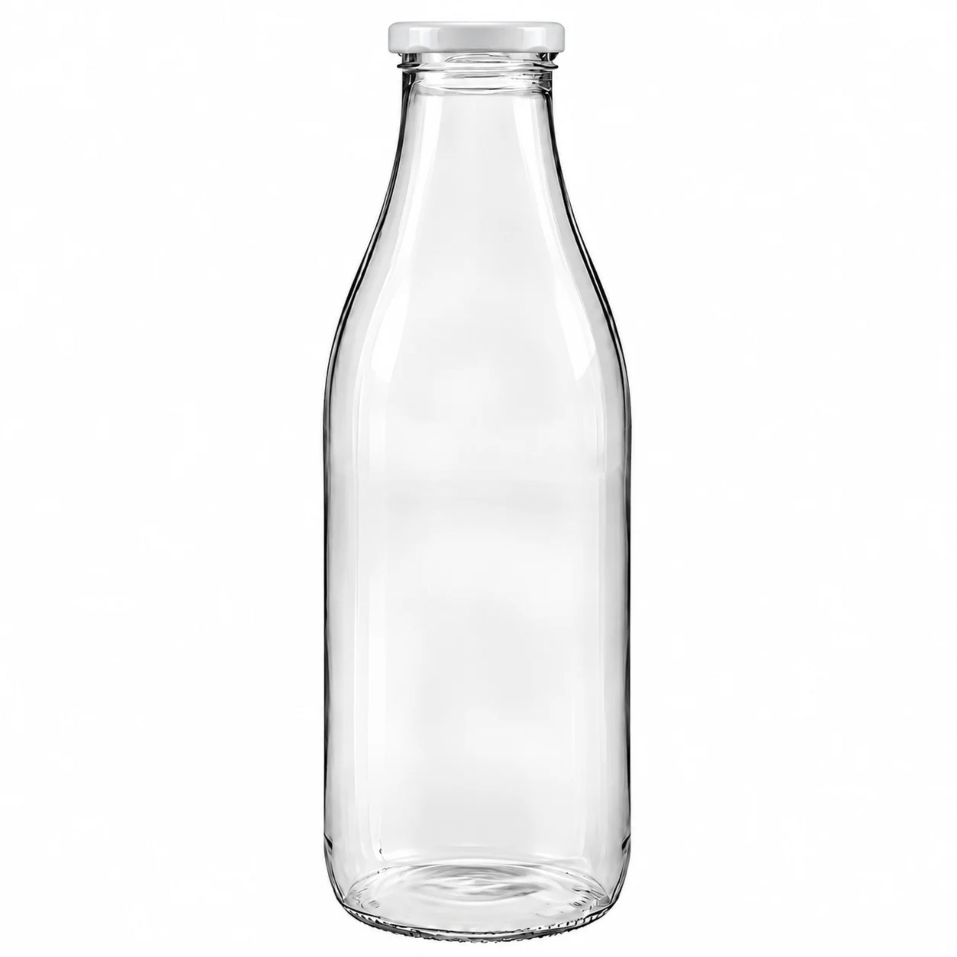 Sechs leere, transparente Glasflaschen mit Kronkorkenverschluss in zwei Reihen angeordnet; sie stehen auf einer weißen Oberfläche vor neutralem Hintergrund.