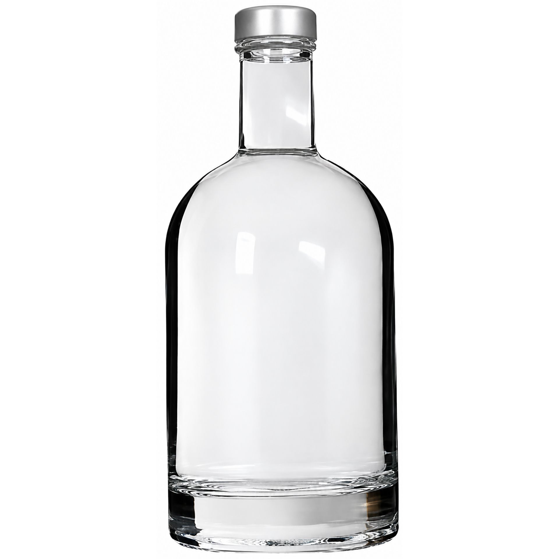 Klare Glasflasche mit 500 ml Fassungsvermögen und einem Schraubdeckel in wahlweise Kupfer- oder Silberfarbe, stehend vor neutralem Hintergrund.