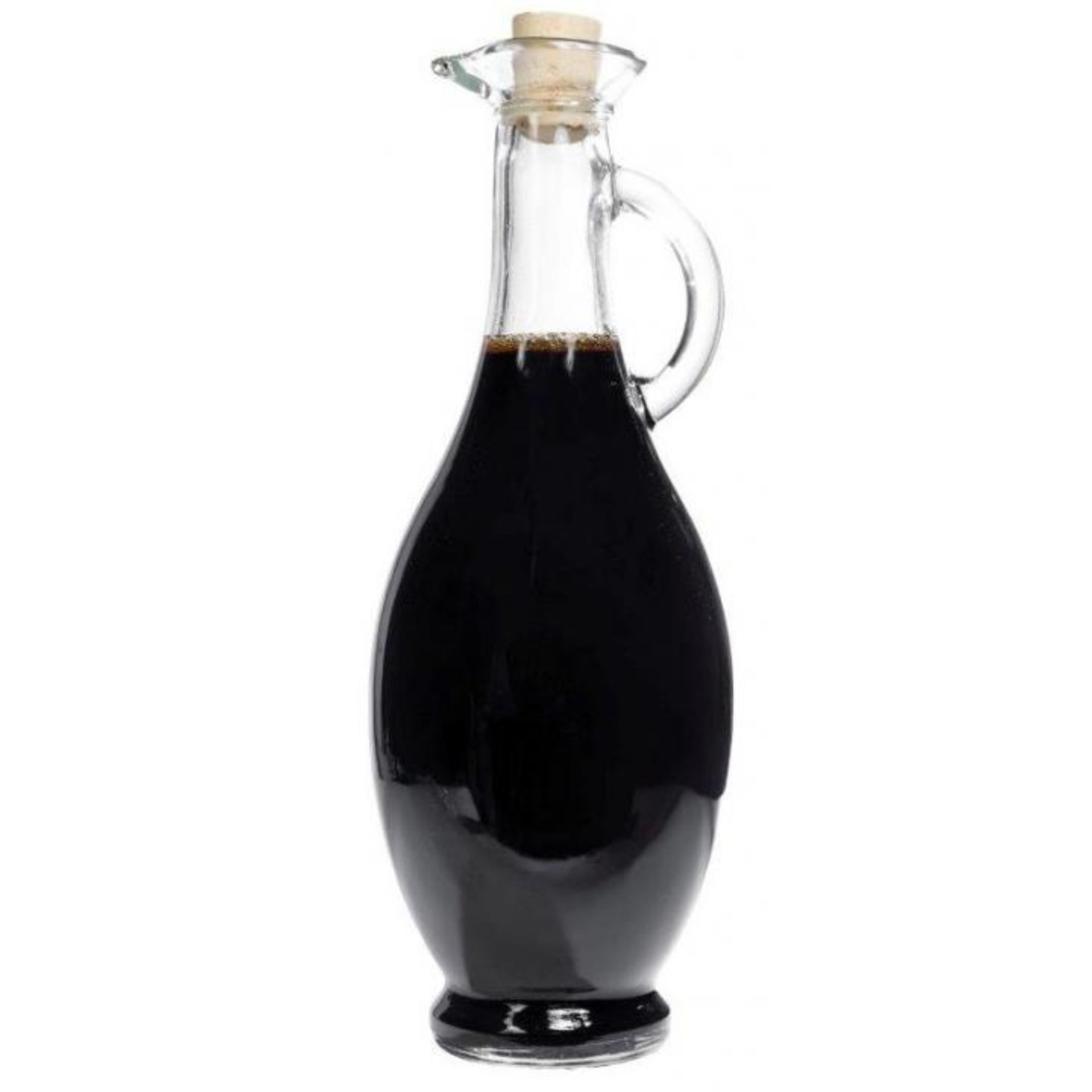 Bild einer klaren 500 ml Amphoren-Glasflasche mit Korkverschluss, ideal für Essig, Öl oder Liköre; abgebildet auf einer neutralen Hintergrundoberfläche.