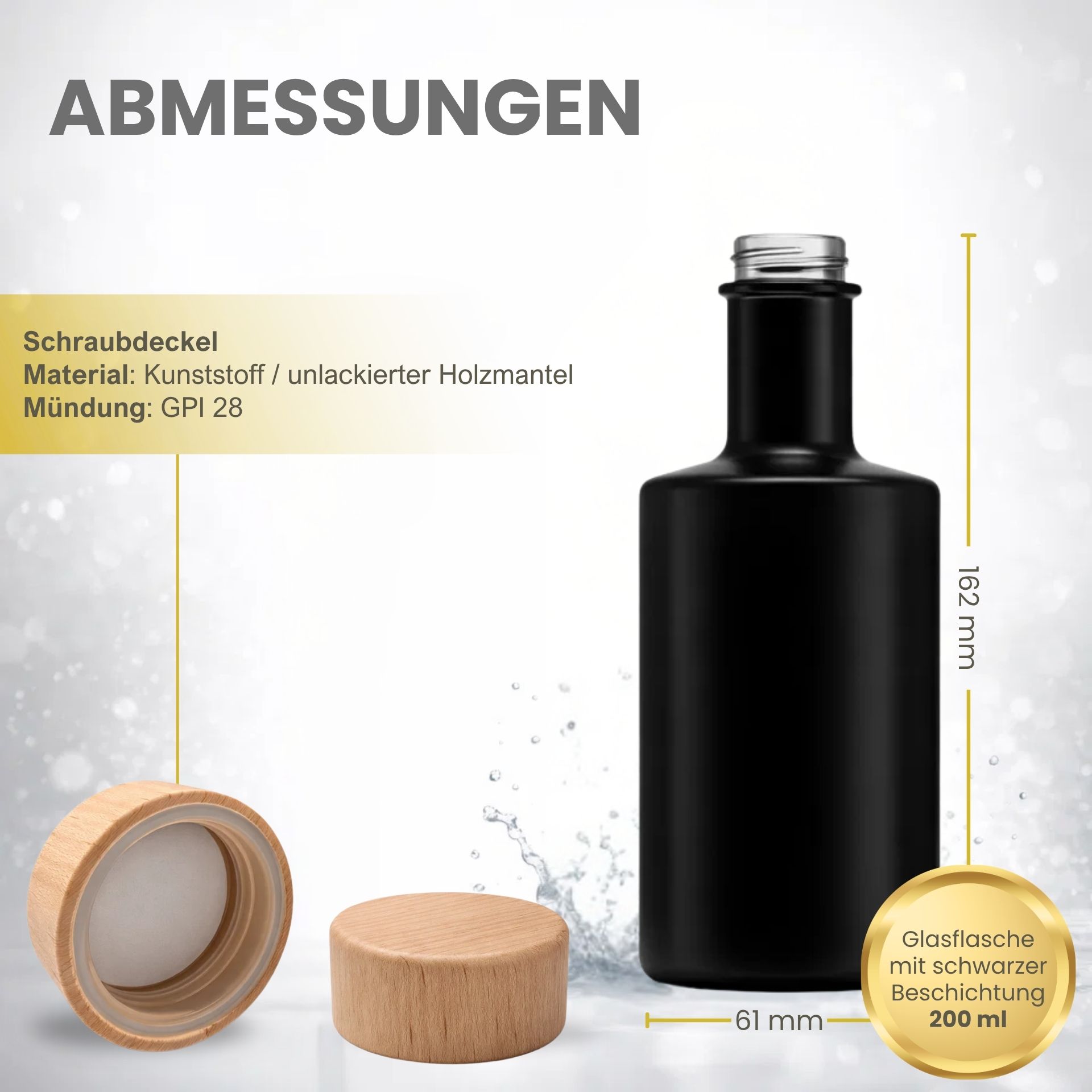 Glasflasche  200 ml mikken ART schwarz Holzdeckel