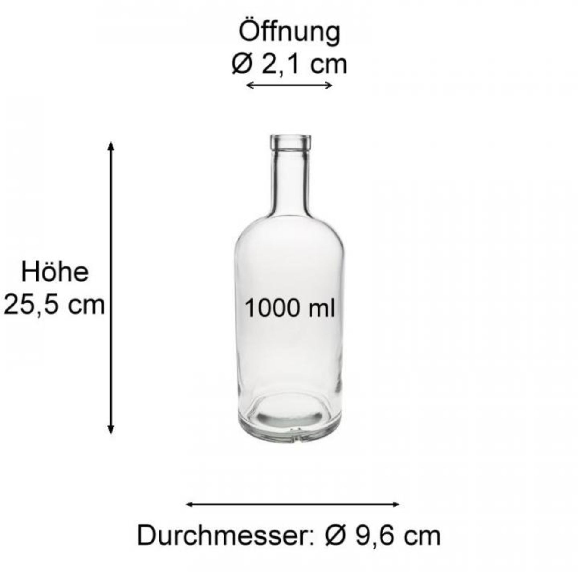Glasflasche-1000ml-Weinflasche-mit-Korken-Transparent Leere, transparente Glasflasche mit einem Volumen von 1000 ml, stehend aufrecht, mit einem Naturkorken verschlossen; einfache, zylindrische Form ohne Etikett.