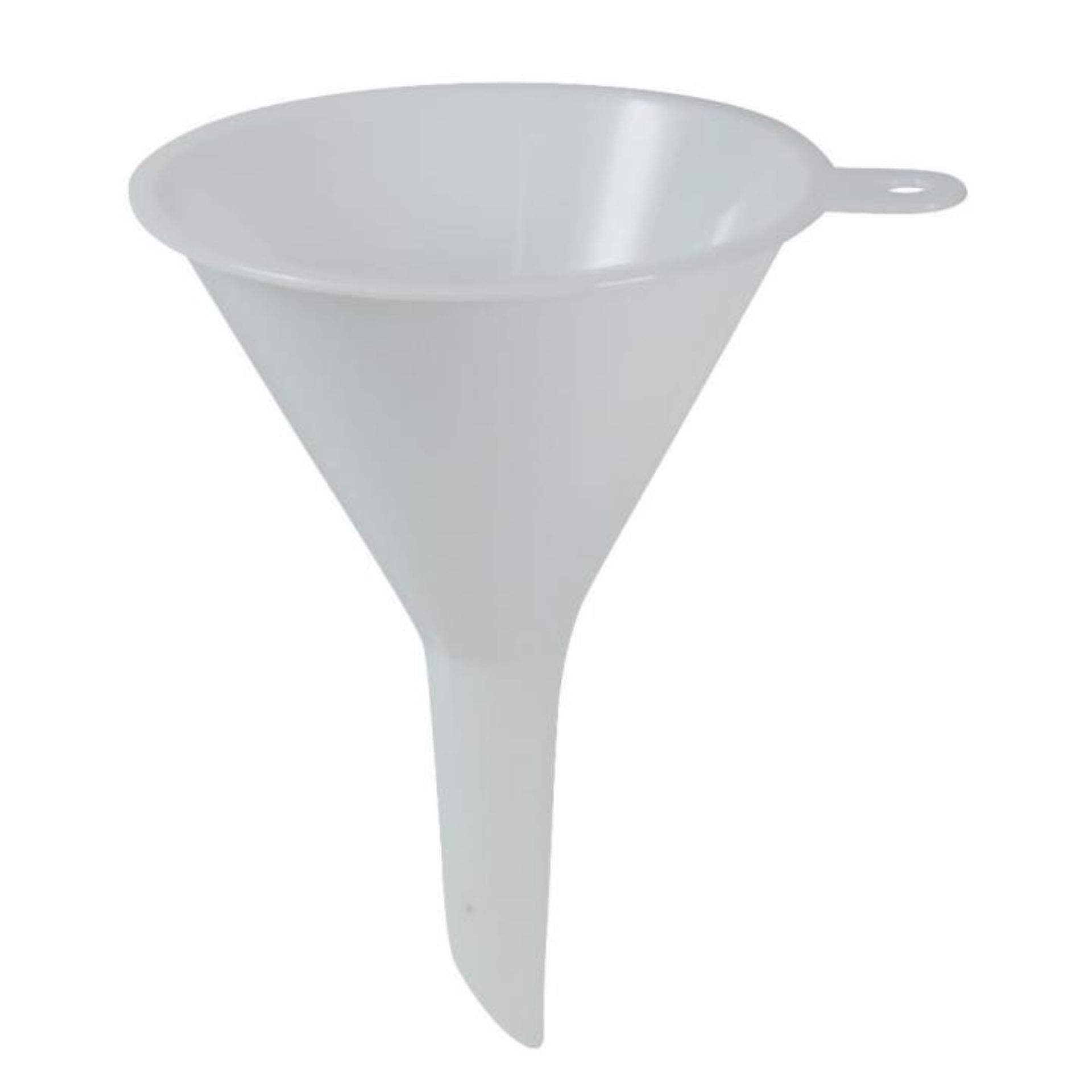 Trichter aus weißem Kunststoff mit einem Durchmesser von 7 cm, ideal als Einfülltrichter für Flüssigkeiten und Pulver, auf weißem Hintergrund.