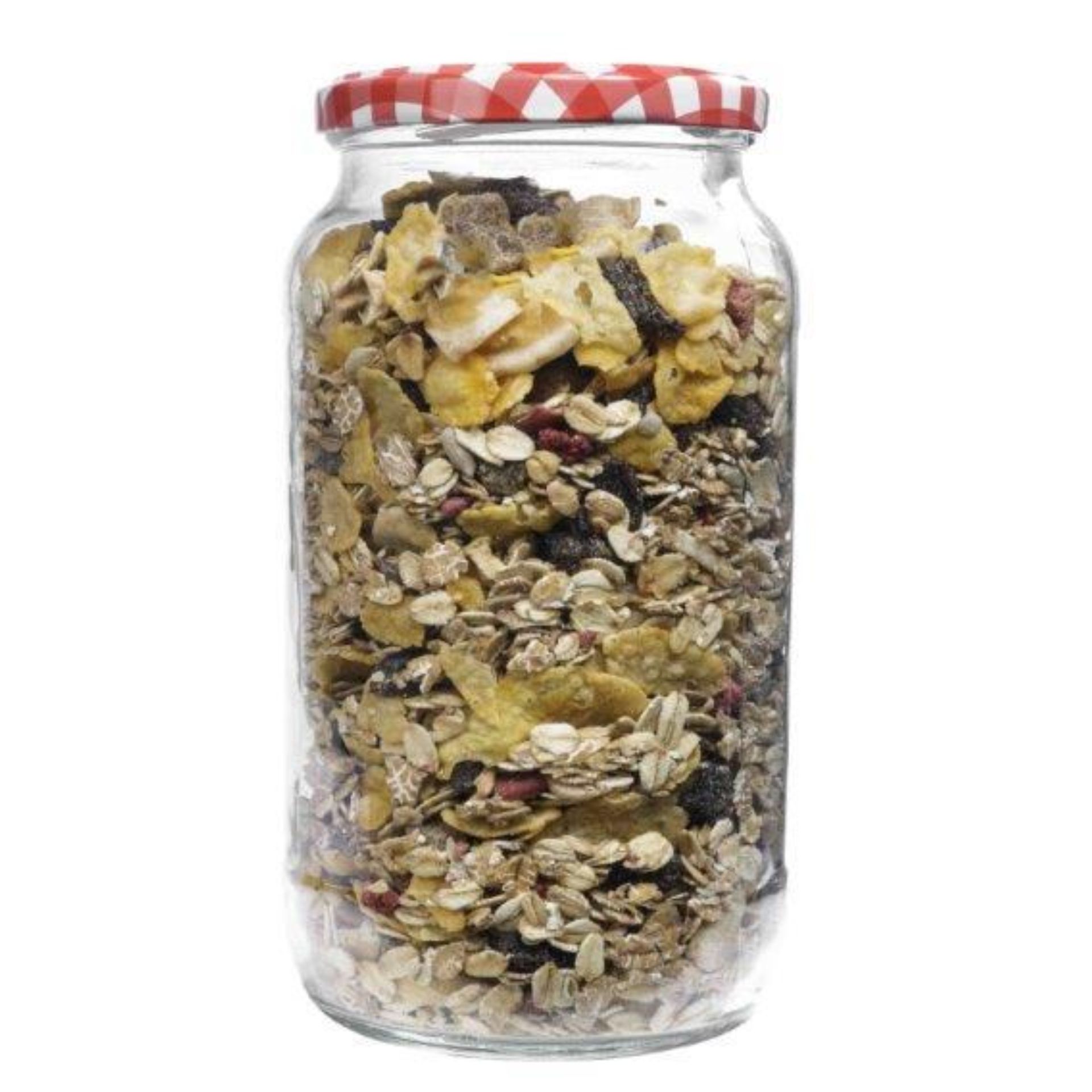 Sechs leere, klare Glasflaschen mit Schraubverschluss, ordentlich nebeneinander aufgereiht vor neutralem Hintergrund; jede Flasche hat ein Fassungsvermögen von 1062 ml.