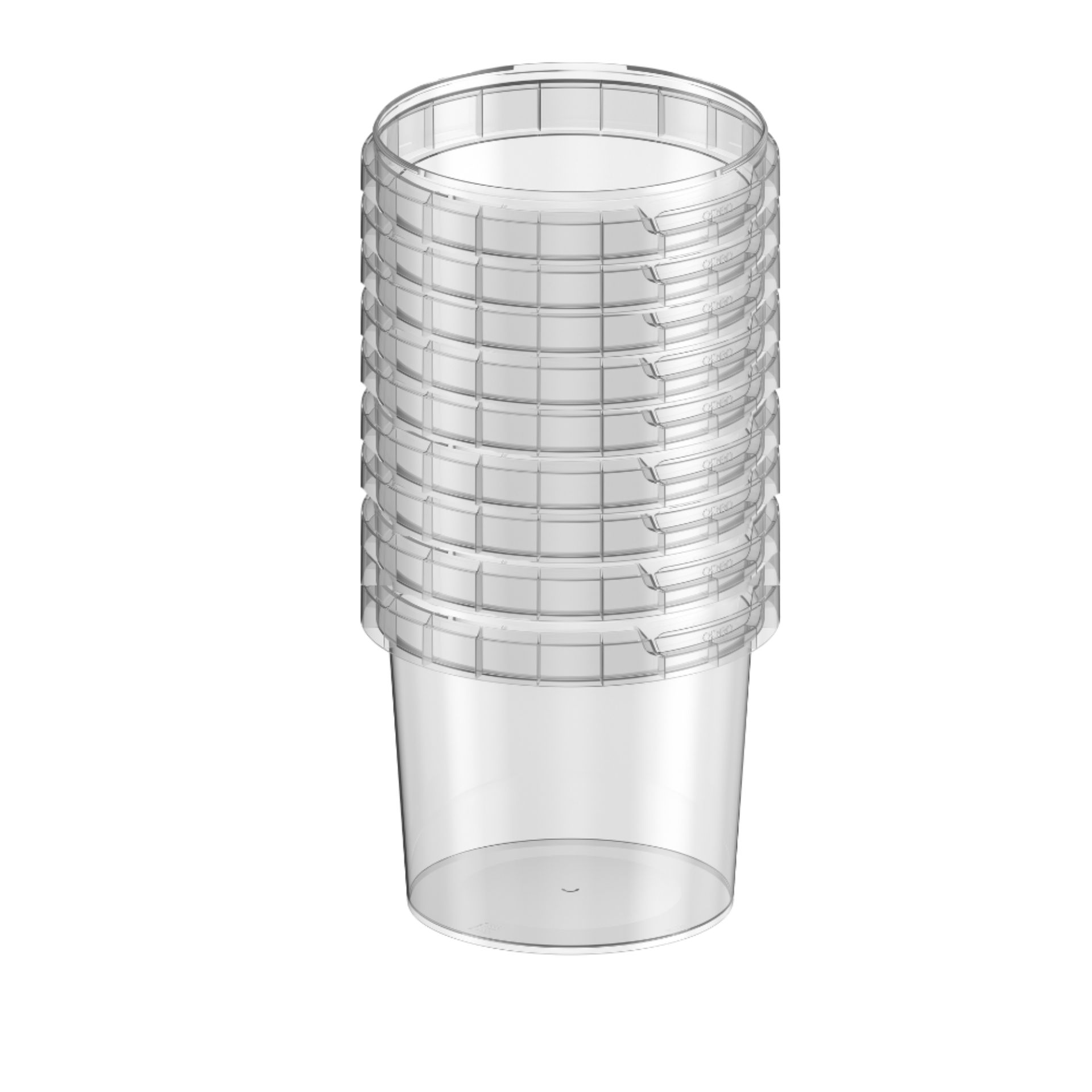 Transparenter, runder Feinkostbecher aus Kunststoff mit 365 ml Fassungsvermögen, ohne Deckel, vor weißem Hintergrund.