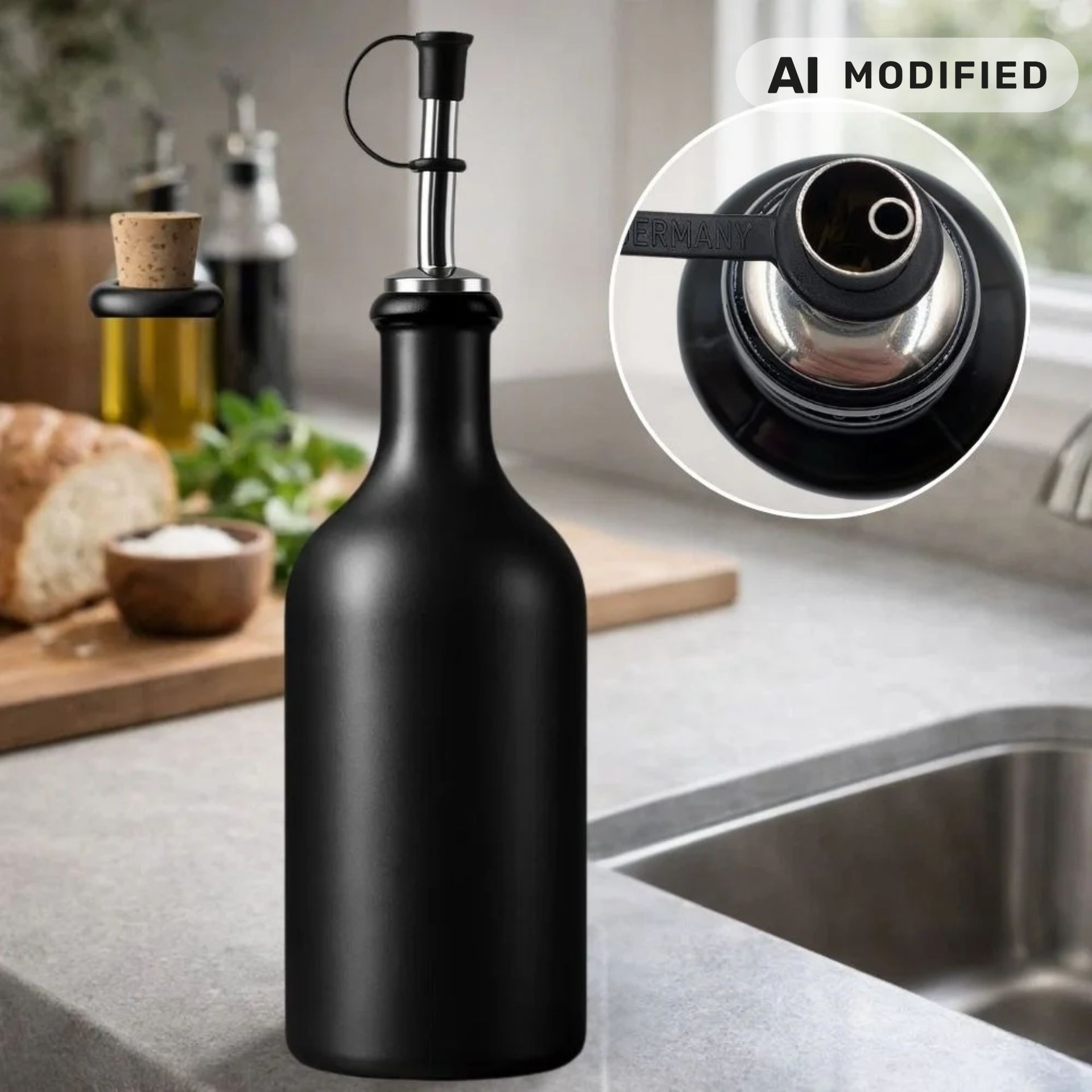 Ölflasche 500 ml Steingut schwarz mit Ausgießer aus Edelstahl