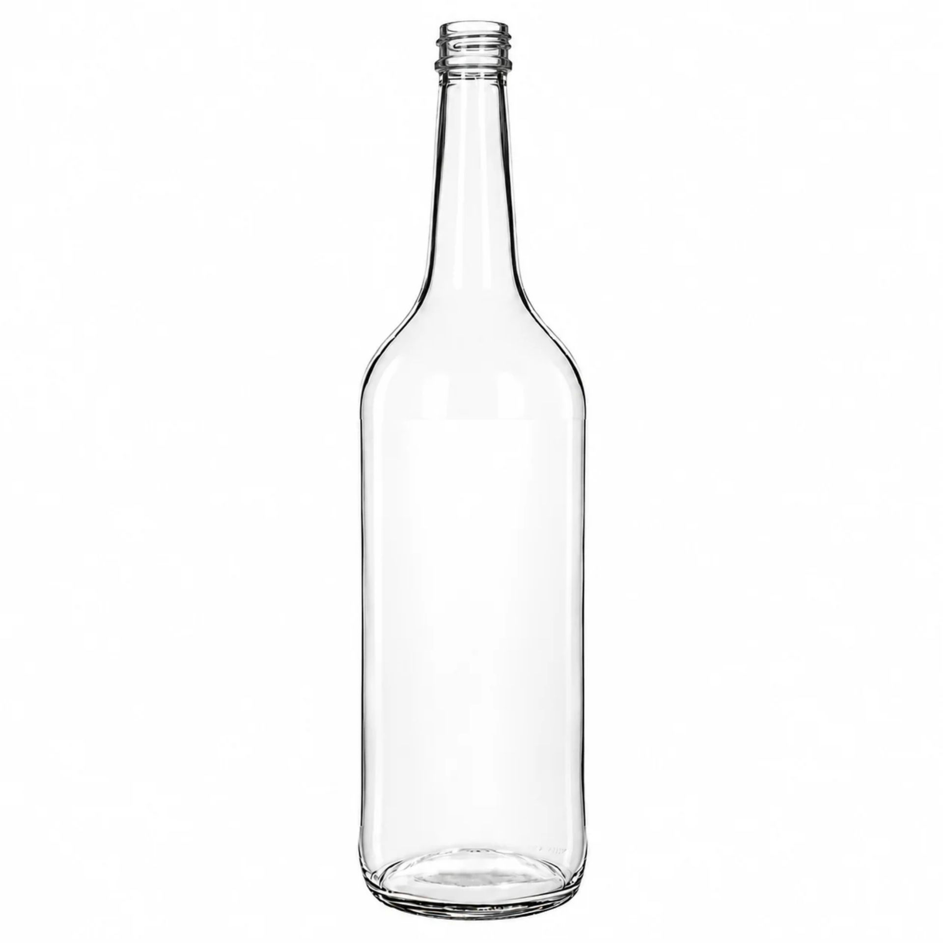 Klare 1000-ml-Glasflasche mit silbernem Schraubdeckel, stehend auf weißem Hintergrund.